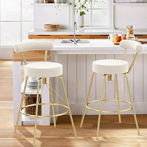 Miniatura 1 de Aklaus Juego de 2 taburetes de bar de Velevt de 26 pulgadas con asiento redondo más grande, taburetes de bar dorados con respaldo, taburetes de bar