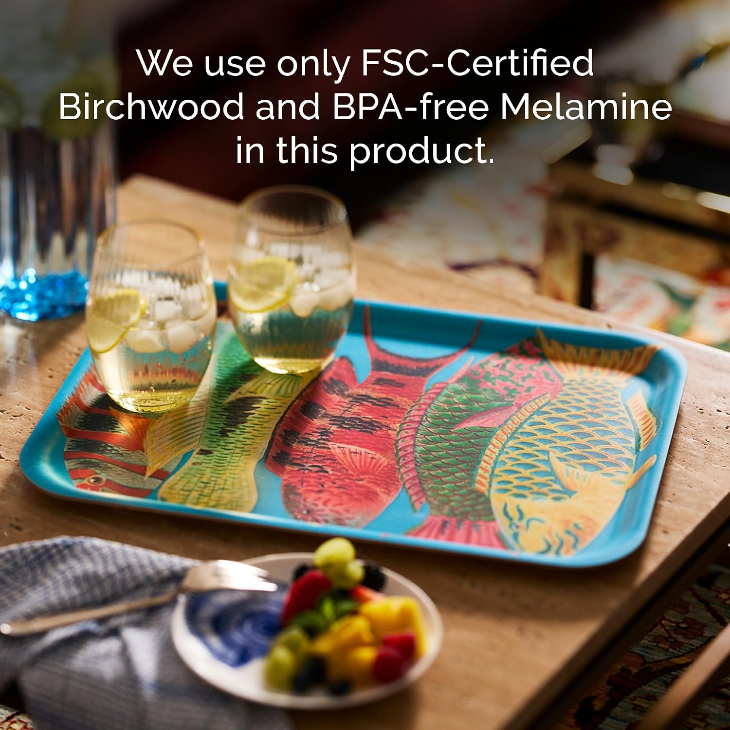 Caskata Rainbow Fish Large Rectangular Tray | Birchwood and Wipeable Melamine | Perfect for Home, Entertaining, Gifts | Multicolor, 16.5W X 12.5L