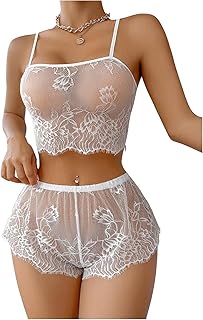 Women's Floral Lace Sheer Bra and Boyshorts Panty 2 Piece See Through Lingerie Set