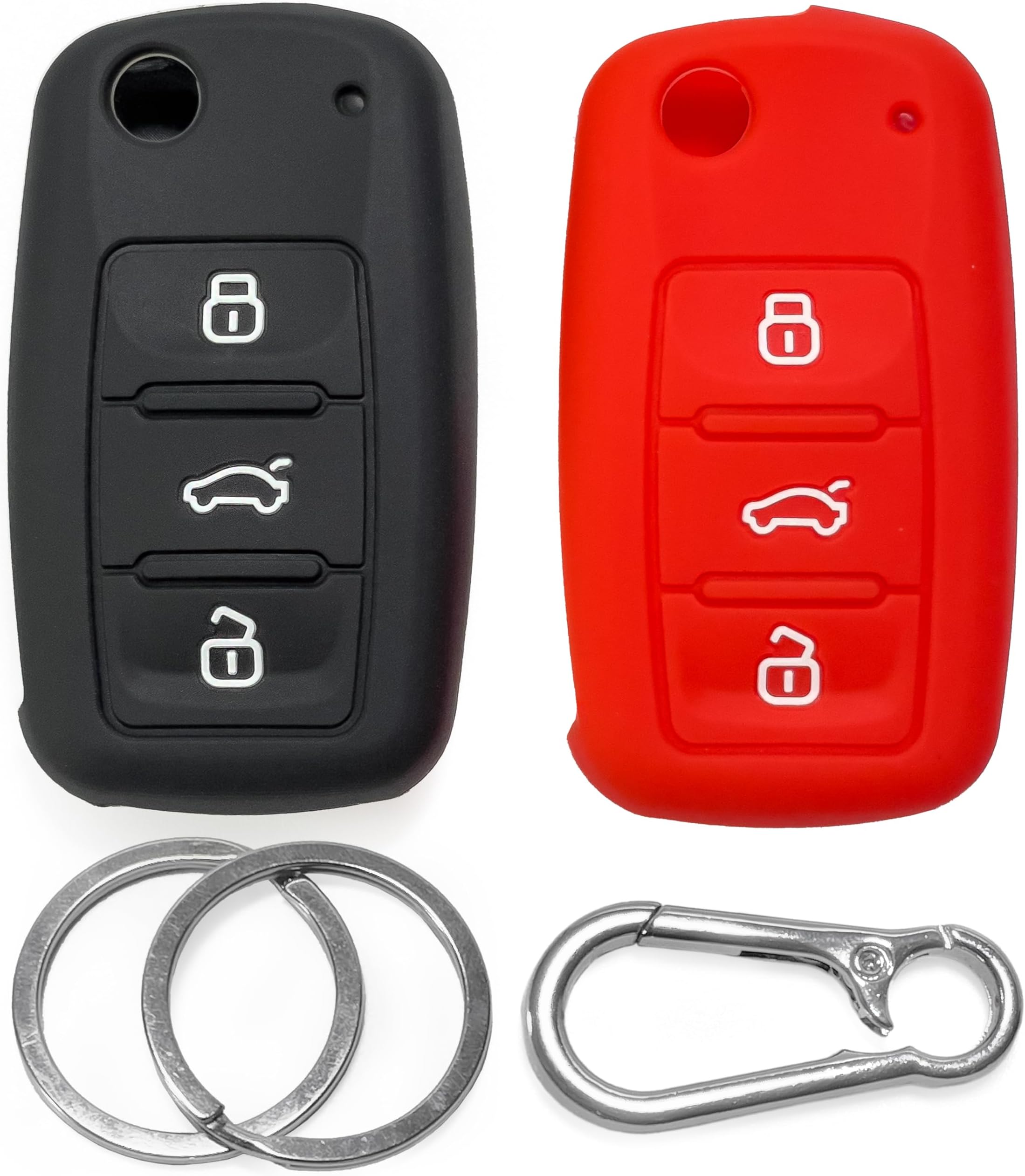 3B Silicone Car Key Cover compatible with 1999-2016 VW Golf Polo Passat Tiguan Jetta, Skoda Octavia Fabia, Seat Ibiza, Remote Key - Anti-slip key fob holder case protector, Click&Fit 2-pack Black&Red