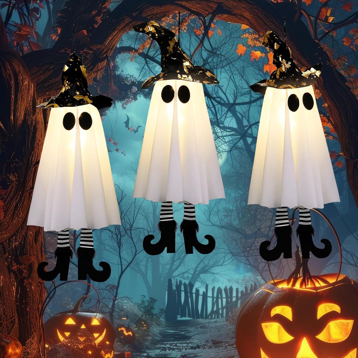 Product image of Halloween Decorations Outdoor,Set of 3 Halloween Hanging Spirits with Cone Caps, Swaying Glow Decor Lights for Yard Patio Lawn Garden Party Porch Decor