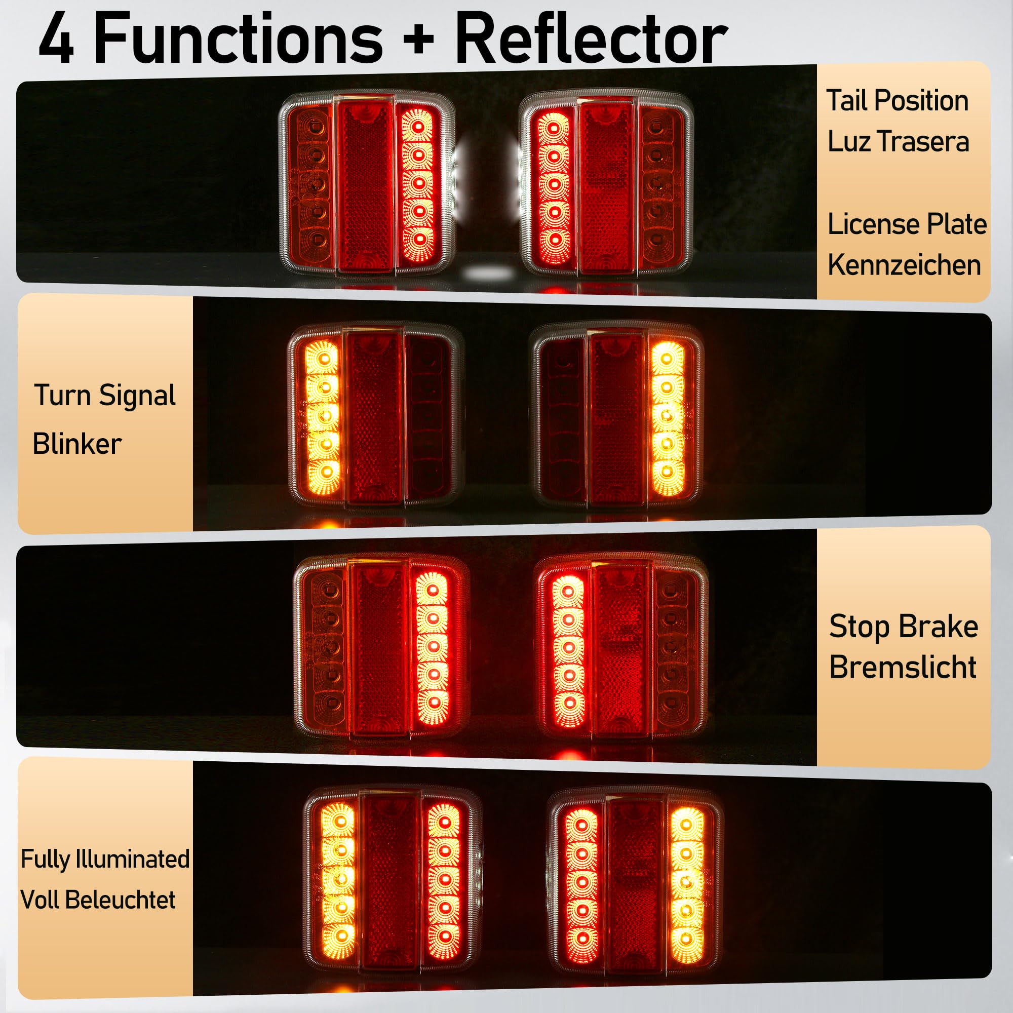 Quadrato Fanali Posteriore Rimorchio LED Omologati E-Mark 12V/24V Impermeabili IP67, 5-in-1 Rosso(Luce di Frecce/Posizione/Targa/Freno/Riflettore) Fissaggio con Perno Per Rimorchio Furgoni