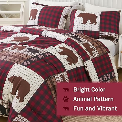 Miniatura 5 de Andency Juego de edredón de oso de retazos a cuadros, tamaño individual (66 x 90 pulgadas), 3 piezas (1 edredón caqui y 2 fundas de almohada),