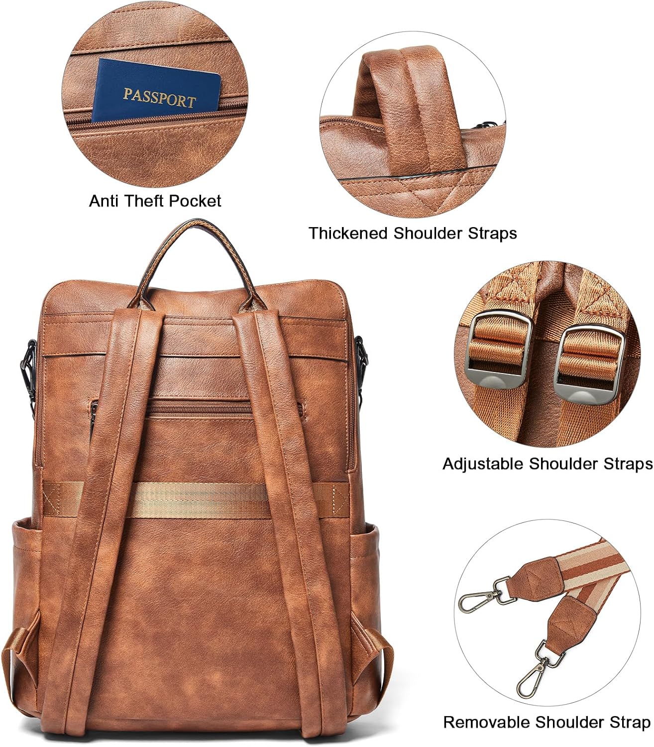 Shrrie 15.6 inch Laptop Backpack for Women,Large Leather Purse,Travel Backpacks Carry on,Water Resistant Casual Laptop Backpacks,College Backpack,Work Backpack for Women,Two-tone Camel Brown
