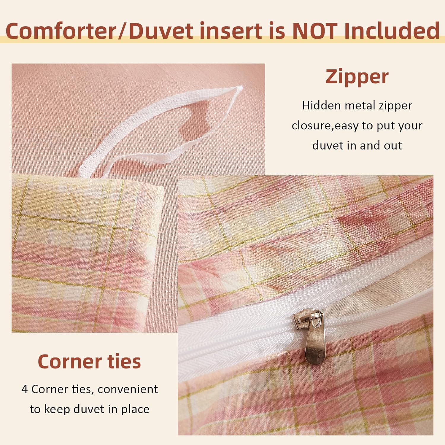 EAVD Yellow and Pink Plaid Duvet Cover Full Soft Washed Cotton Gingham Duvet Cover Set 3 Pieces Modern Grid Checkered Bedding Set with 2 Pillowcases Zipper Closure for All-Season