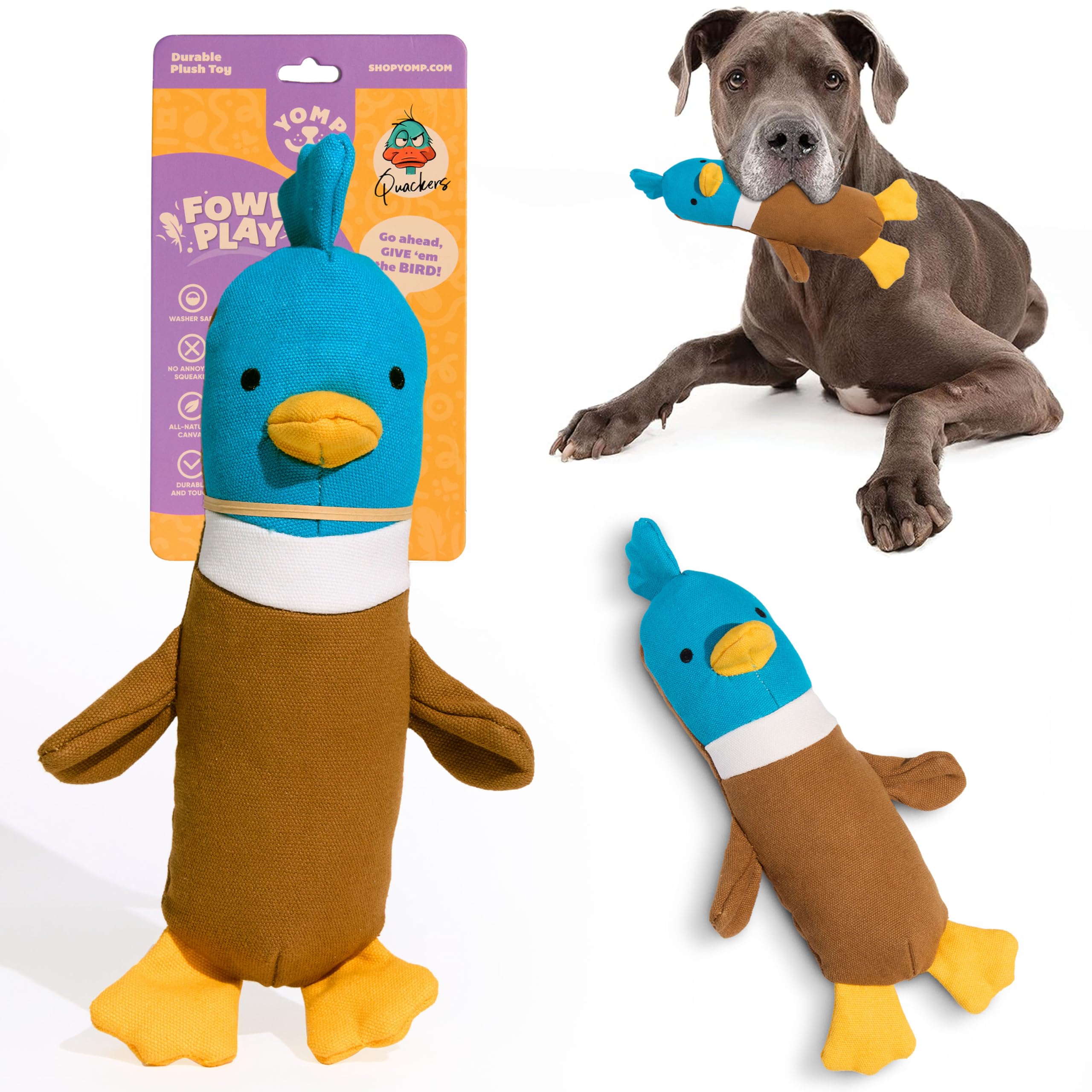 Yomp Plush Duck Dog Toy – Durable Stuffed, No Squeaker Dog Toys with Natural Canvas and Crinkle Paper – Interactive Stuffed Animal for Dogs (Quacker)