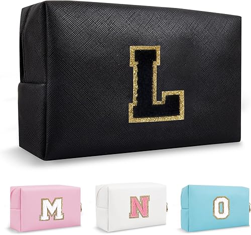 Miniatura 1 de Biileen Pequeña bolsa de maquillaje preppy con letra inicial personalizada, Rosado