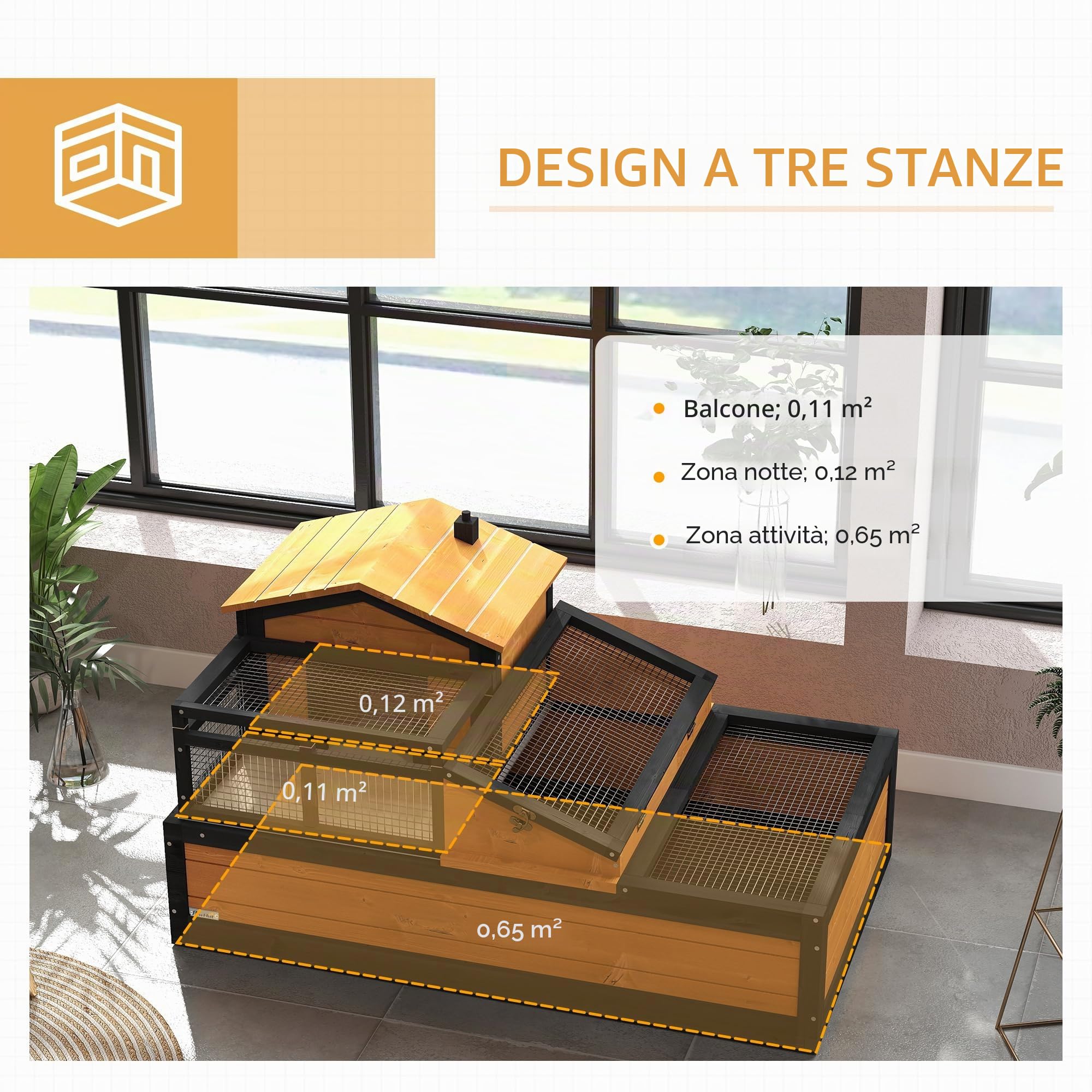 PawHut Casetta per tartarughe in legno, recinto per tartarughe con 2 livelli, case principali, balcone, gabbia per rettili da esterno con tetto apribile, terrario per tartarughe, rettili, giallo