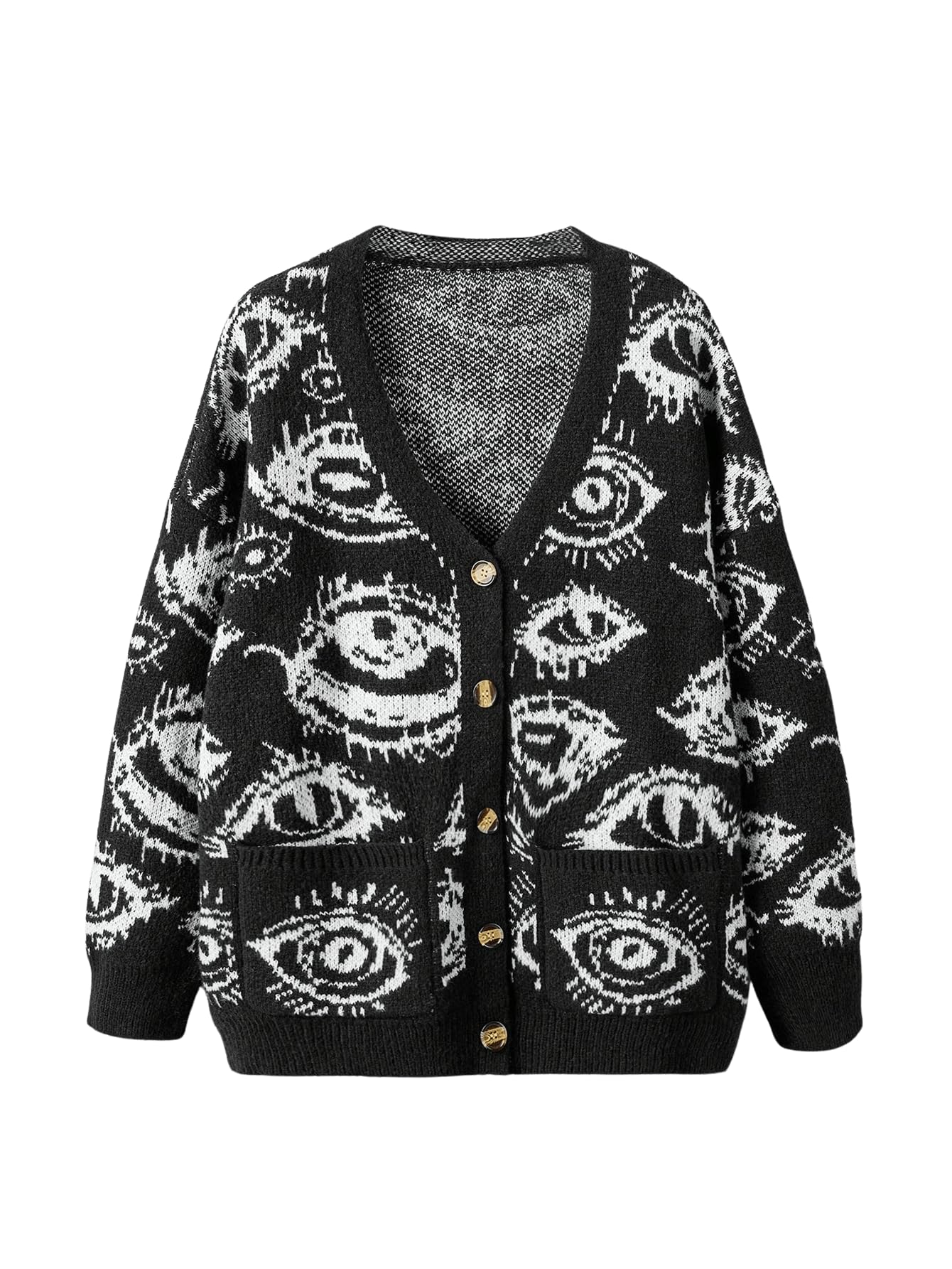 SHENHE Womens Plus Size Button Down Eye Print Goth Cardigan Grunge Punk Sweater Outerwear