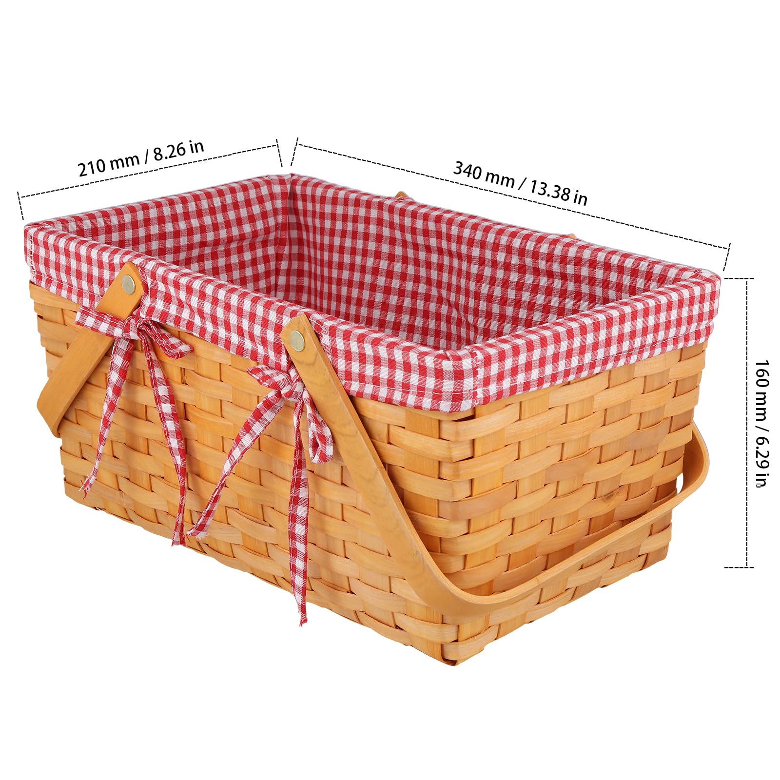 Cesta de picnic hecha a mano de madera, 34 x 21 x 16 cm, cesta de regalo trenzada con forro de tela, color marrón miel