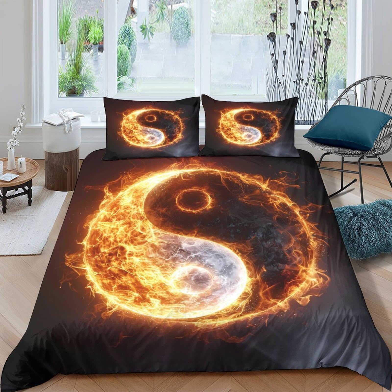Ctjqhvkz Style-3 3D Printed Fire Yin Yang Fitted Sheet Microfiber Soft Black White Balance Bed Cover For Bedroom Dorm Mattress Decor Single（135X200cm）