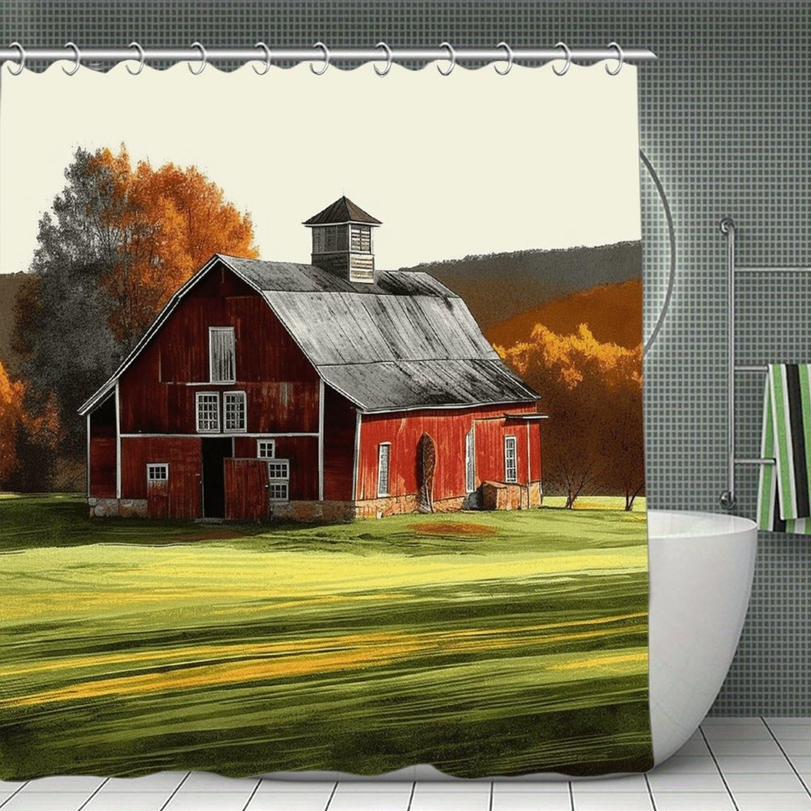 VstaDank Barn Bath Curtain Elegant Heavy Duty Shower Curtains 70x70 in Rustic Farmhouse Cloth Shower Curtains Neutral Modern Bath Curtain for Bathroom