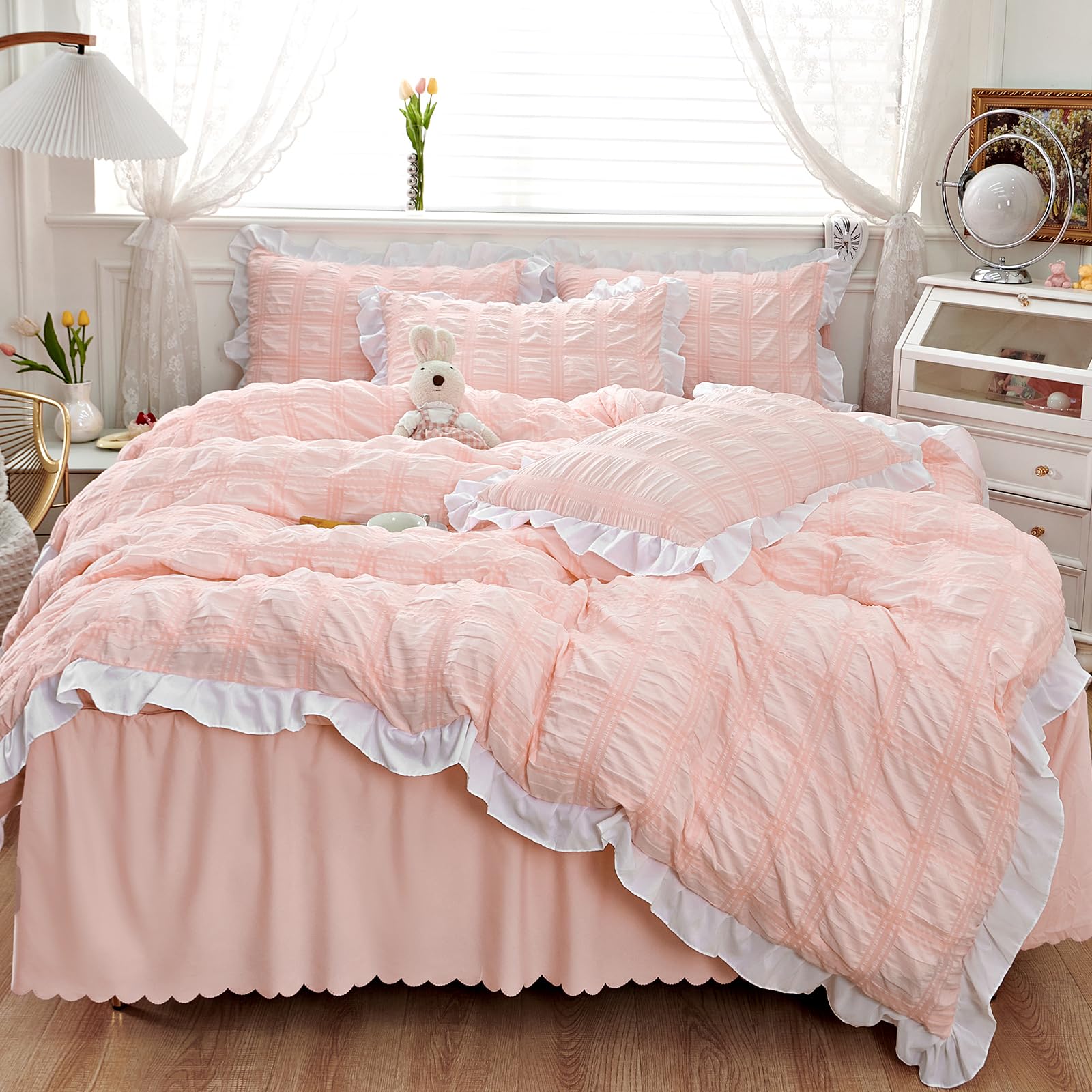 Fondream Pink White Seersucker Duvet Cover Set Double Size Fringed Ruffle Bedding Sets 3 Pieces Soft Microfiber, Wrinkle-Resistant Quilt Cover with Hidden Zipper (Double, 200x200cm) — image 1