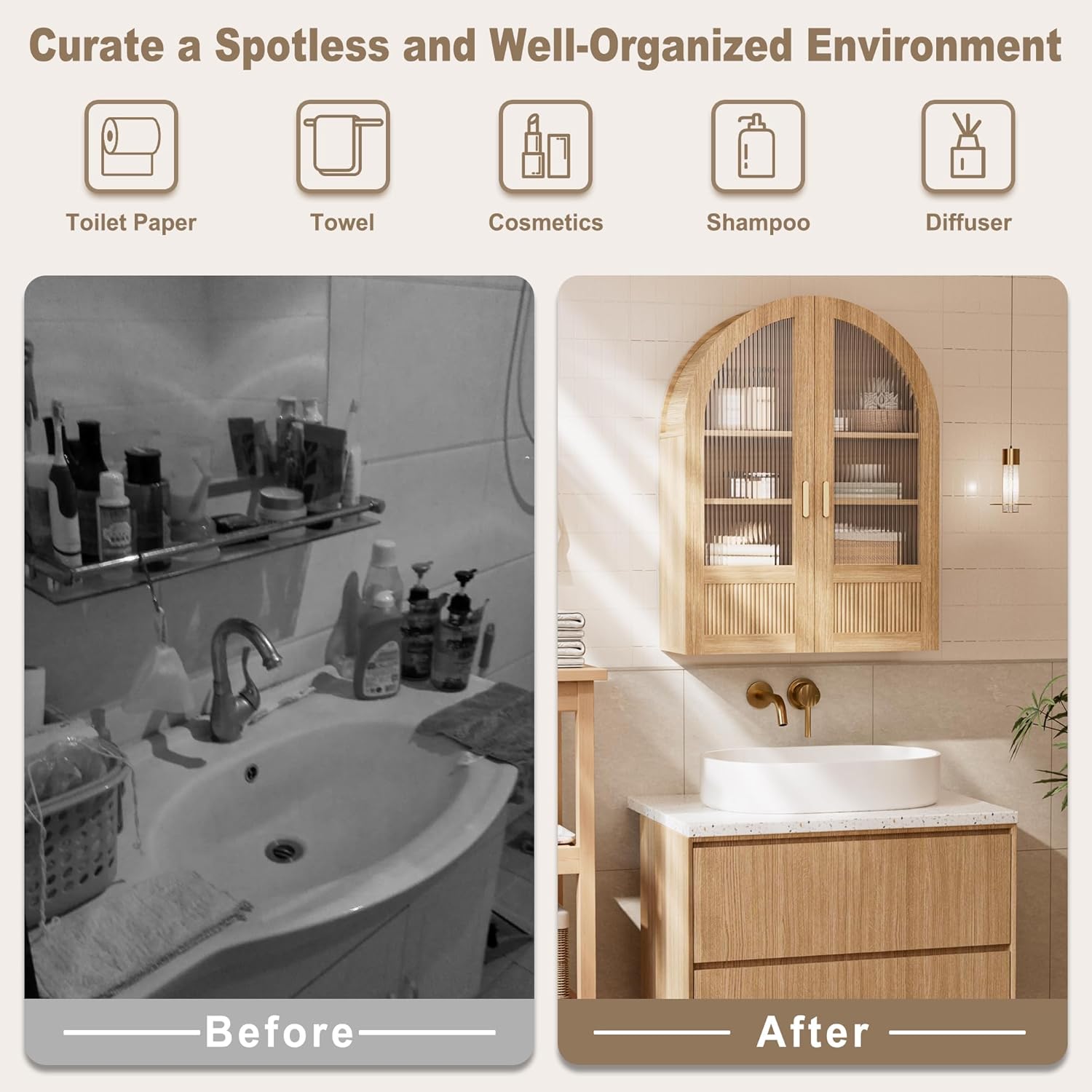 INNOD 4-Tier Arched Bathroom Wall Cabinet with Adjustable Wood Shelves, Over the Toilet Storage Cabinet with Acrylic Doors, Medicine Cabinet for Laundry Room & Living Room Kitchen (Natural Oak)
