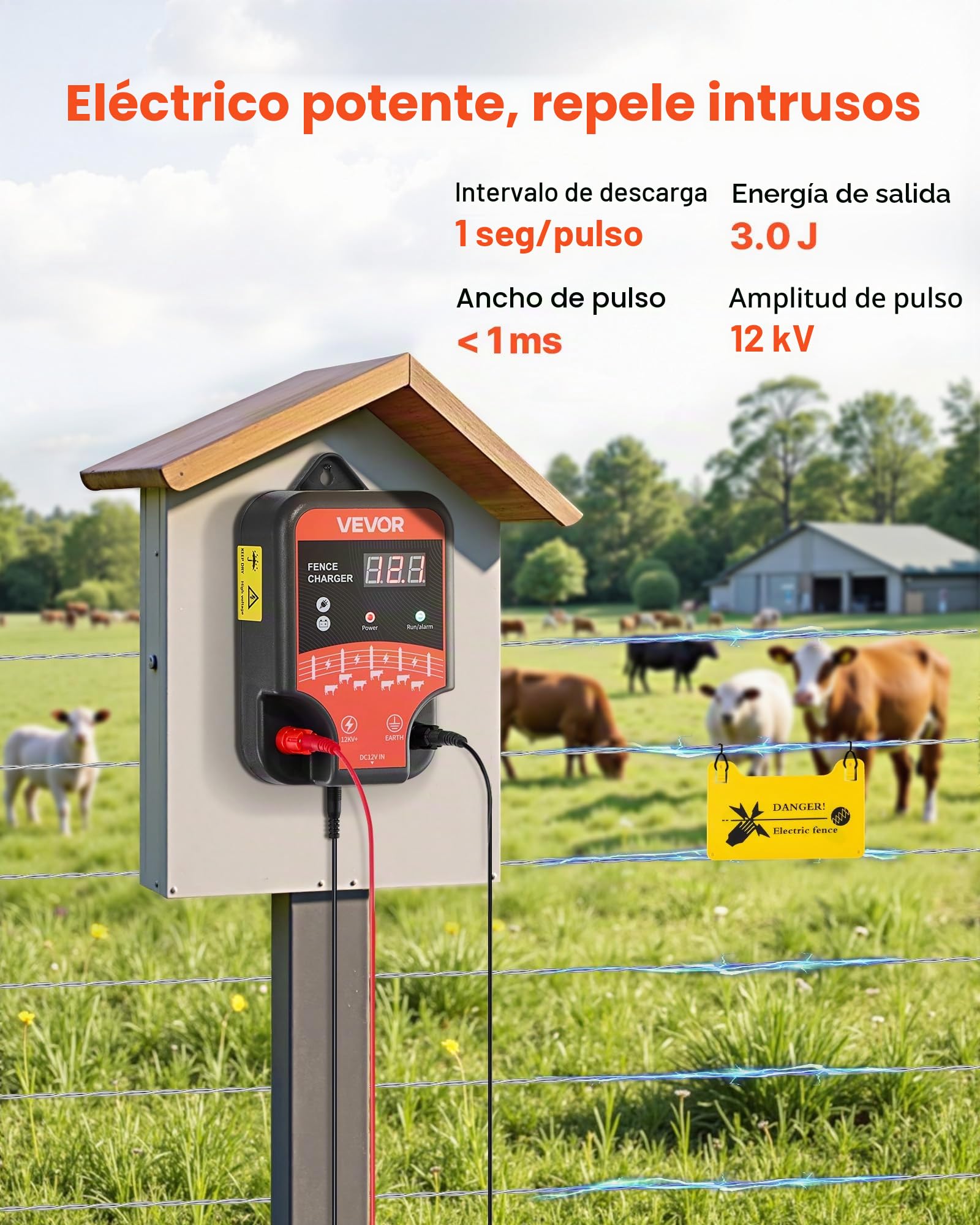 VEVOR Cargador para Cercas Eléctricas de 3 J con Indicador LED, Alcance de 3 km, Potente Cargador Enchufable para Cercas, Previene la Intrusión de Animales Salvajes en Ganado y Aves de Corral
