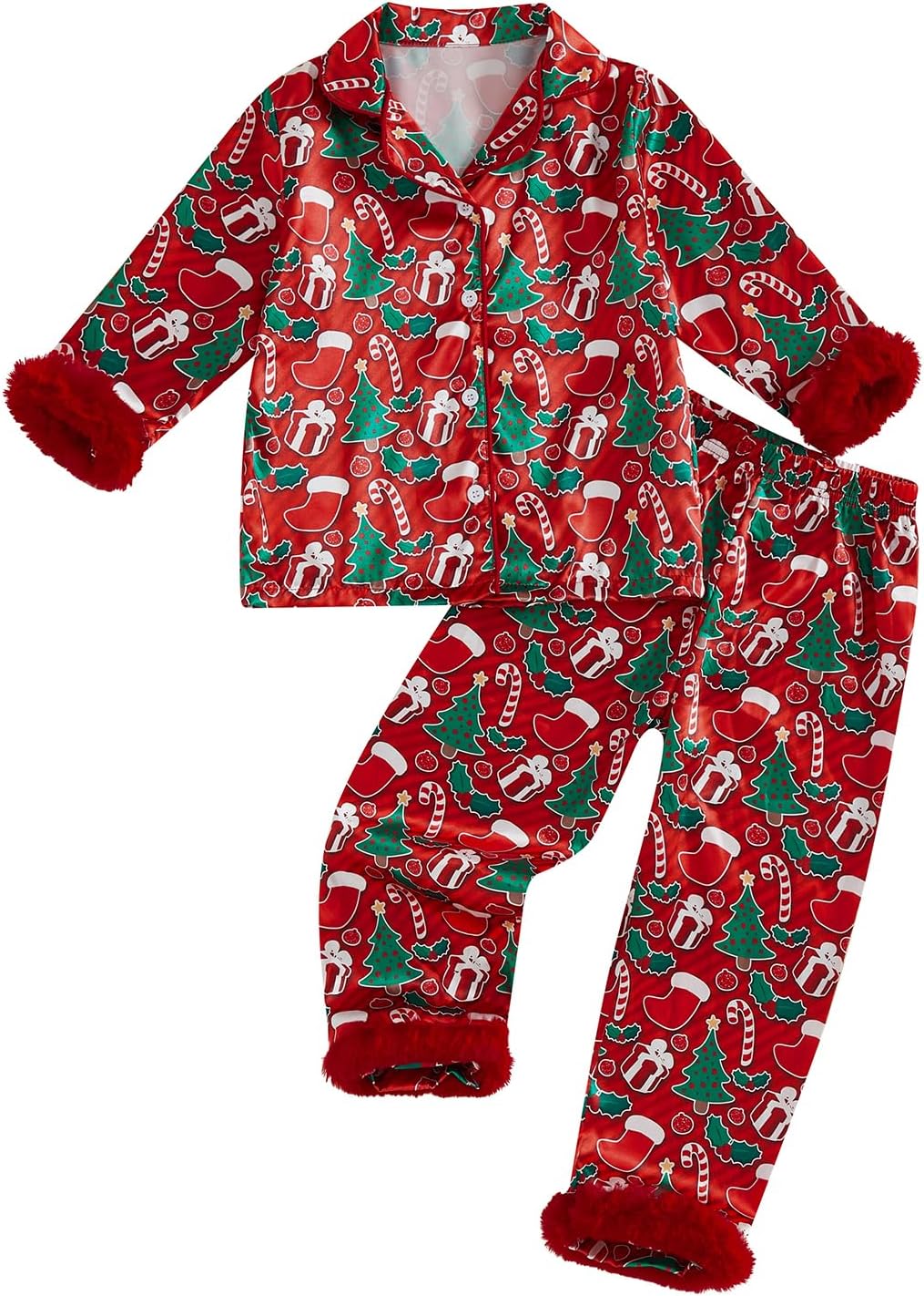 Springcmy Toddler Baby Girl Christmas Pajama Sets Button Down Lapel Silk Shirt Elastic Pants 2Pcs Xmas Sleepwear Loungewear