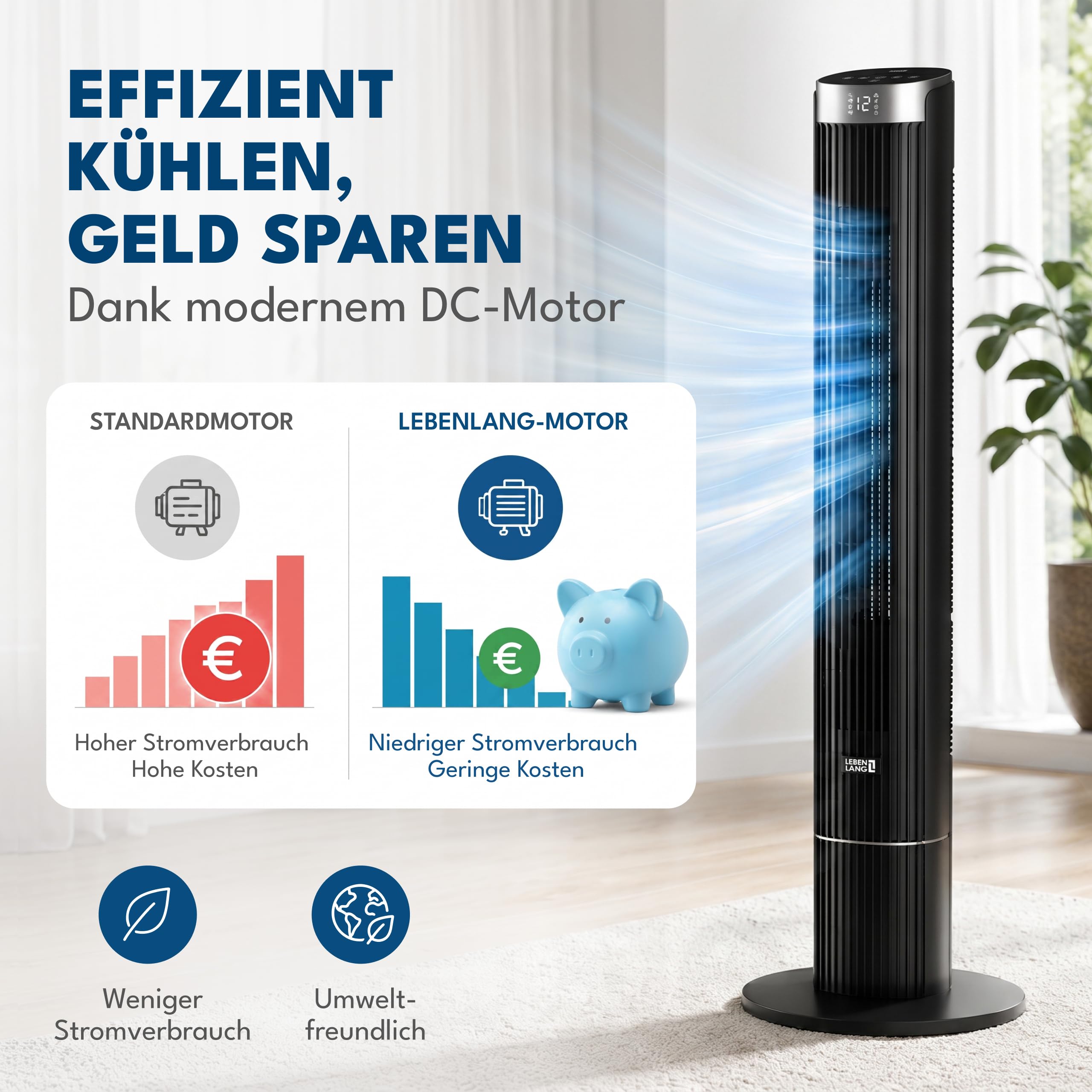 LEBENLANG Turmventilator Sehr Leise 19,8 dB(A) - 4 Modi & 90° Oszillation | Ventilator Leise Schlafzimmer Ventilator mit Kühlung Standventilator Ventilatoren Air Cooler Tower Fan I 12 Geschwindigkeiten