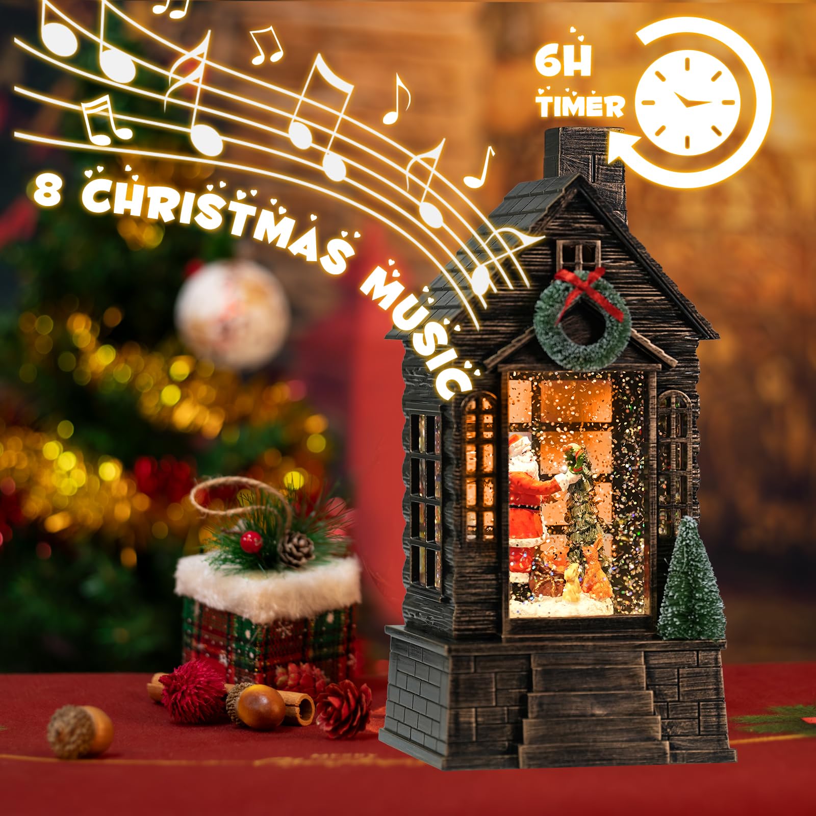Globo de nieve de Navidad, globos de nieve iluminados con Papá Noel, temporizador musical, linterna de globo de nieve con purpurina giratoria, linterna de globo de nieve Navidad (Santa)