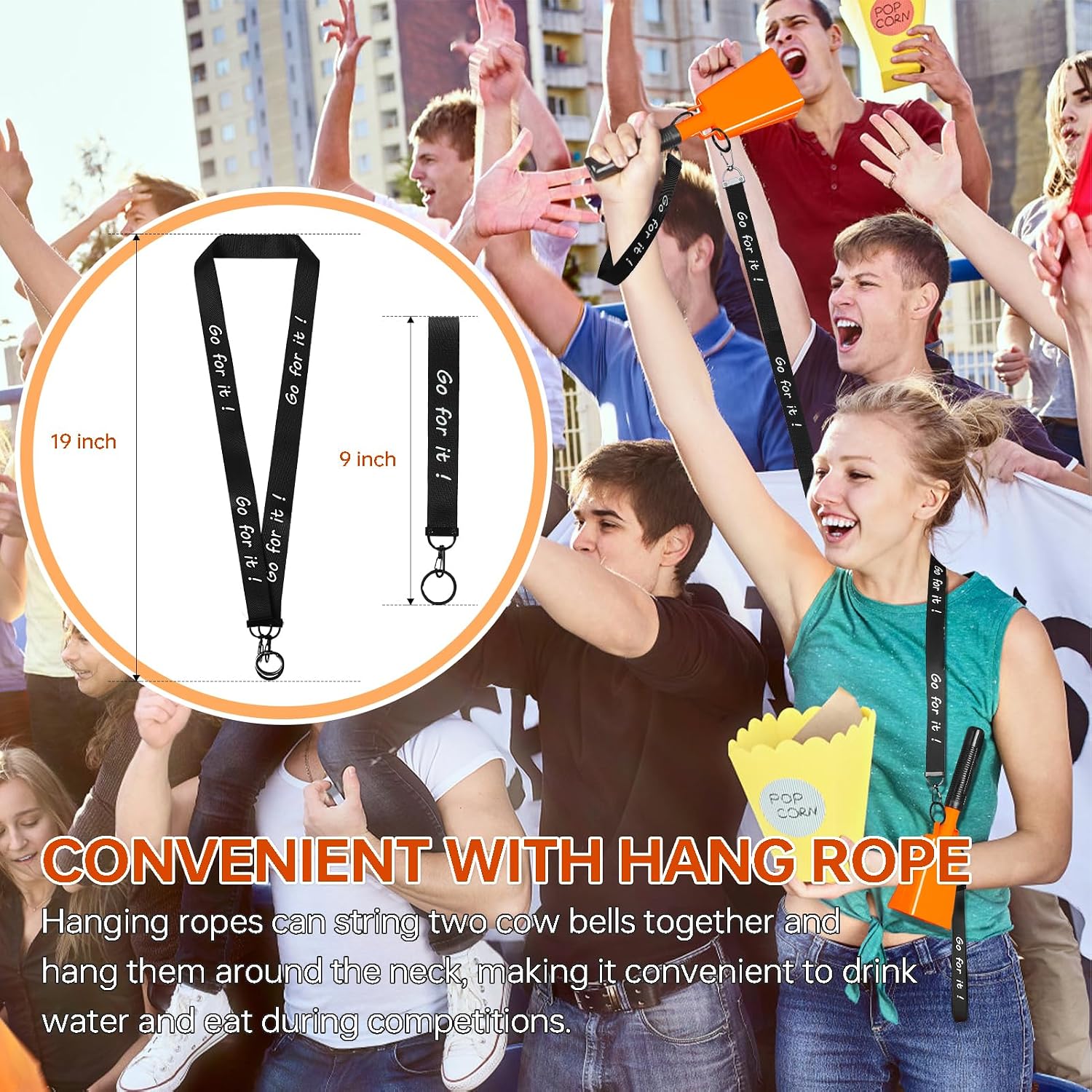 10 Inch Cowbells with Handle, Cheering Bell Noice Maker for Sporting Events-Football Games, Stadiums, Chimes Percussion Musical Instruments Call Bell Alarm 2 Pack (Orange)