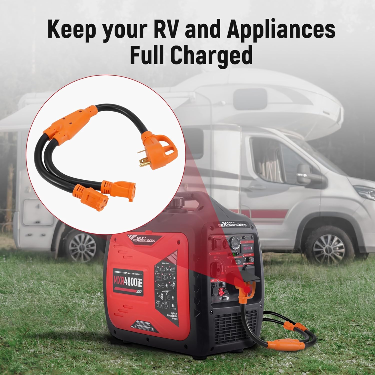 maXpeedingrods 4800W Gasoline Inverter Generator, Electric Start and Remote Start with 30 Amp to 15 Amp RV Y Splitter Adapter Cord
