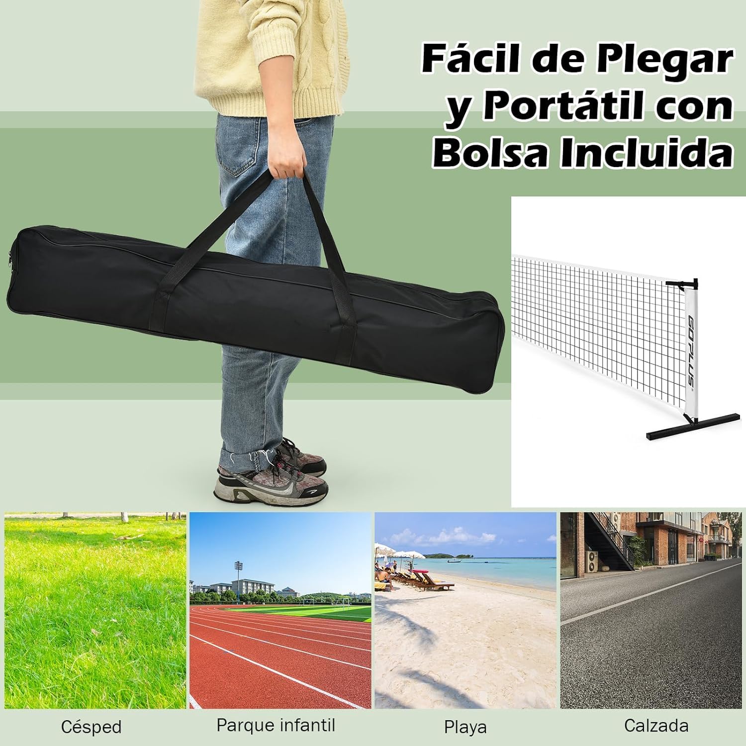 GOPLUS Red de Pickleball Portátil 670cm, Juego de Red de Tamaño Oficial, Tubos Metálicos y Red de Poliéster con Bolsa de Transporte, Ajuste Rápido, para Uso Interior Exterior