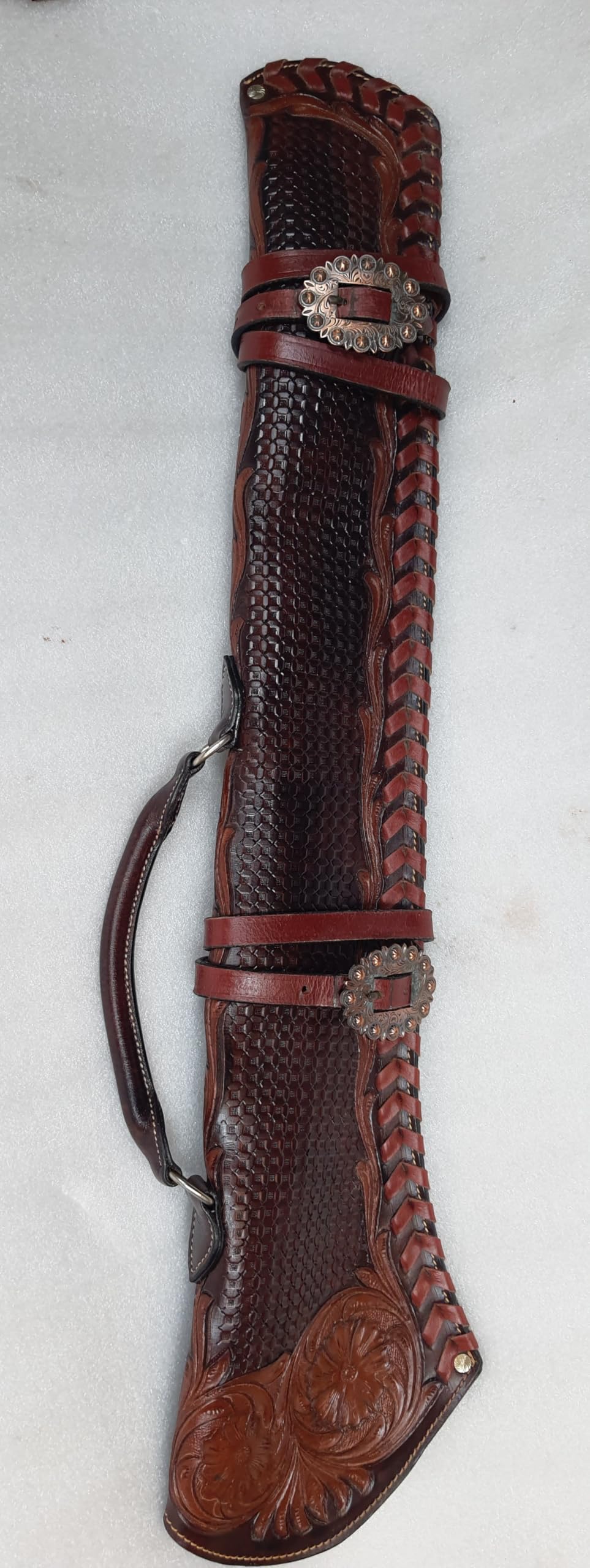 LEATHERRIDE Handcrafted Western Leather 34 Inch Rifle Scabbard – Tooled Floral Design with Handle & Buckle Straps – Durable Horse Saddle Gun Case