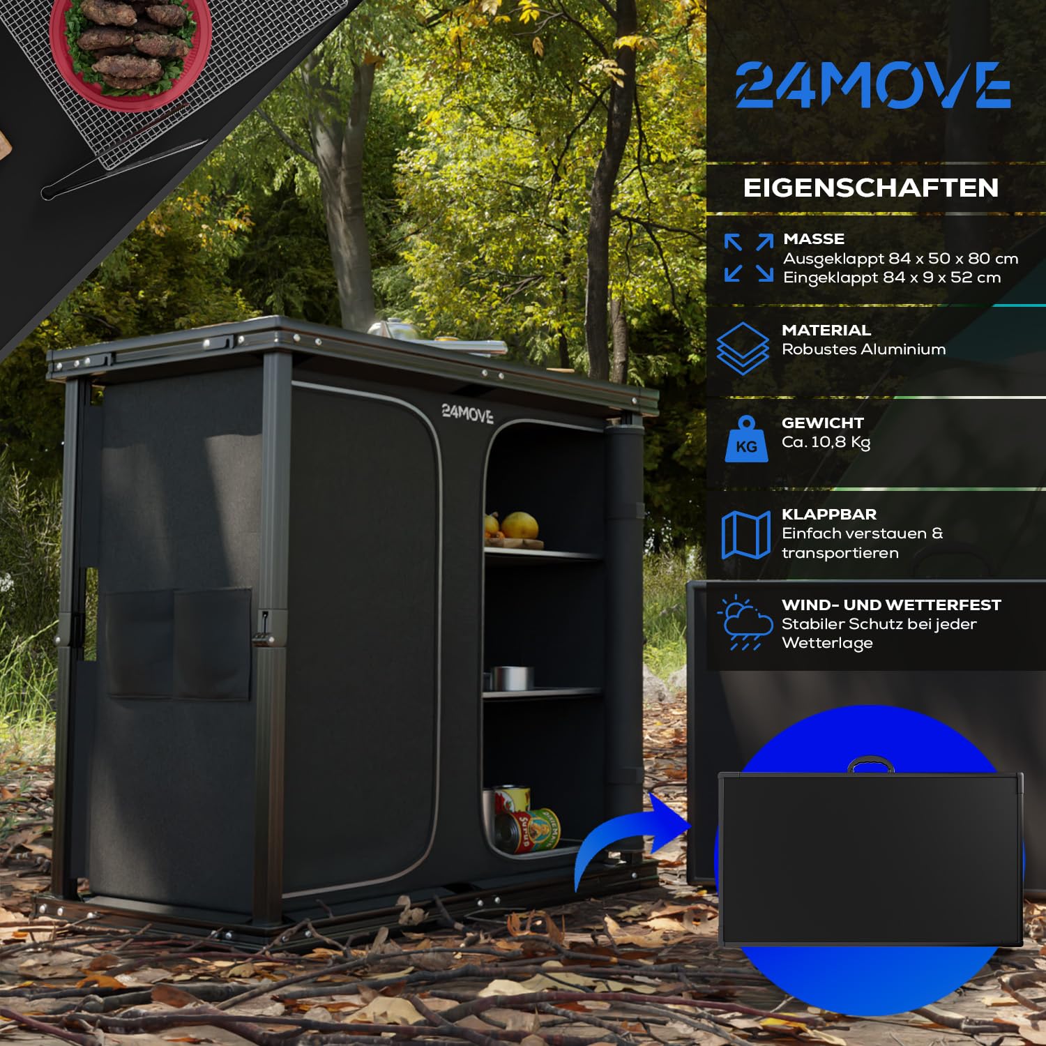 24MOVE® Campingküche, Faltbare Outdoor Küche Arbeitsplatte, MDF Einlegeböden, Besteckfächern, Tragegriff