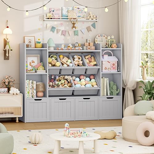 Miniatura 3 de FINETONES Organizador de almacenamiento de juguetes de 55.1'' con 6 contenedores de juguetes, organizador grande de juguetes estantería para libros