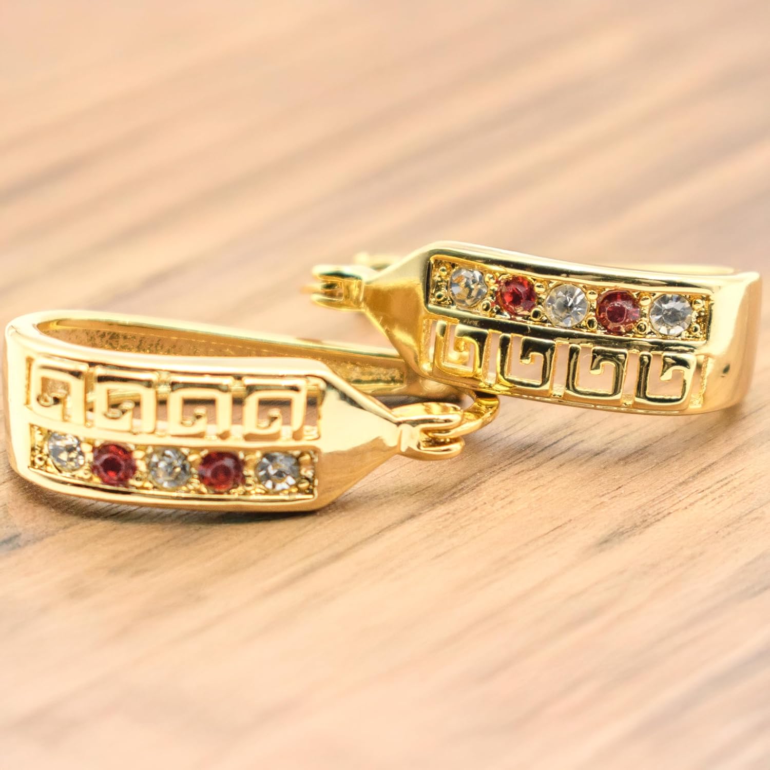 1.10" Inch Greek Key Yellow Gold Filled Plated Hoop Earrings, Simulated Red Ruby & White Diamond CZ Cubic Zirconia Accents - Image 3