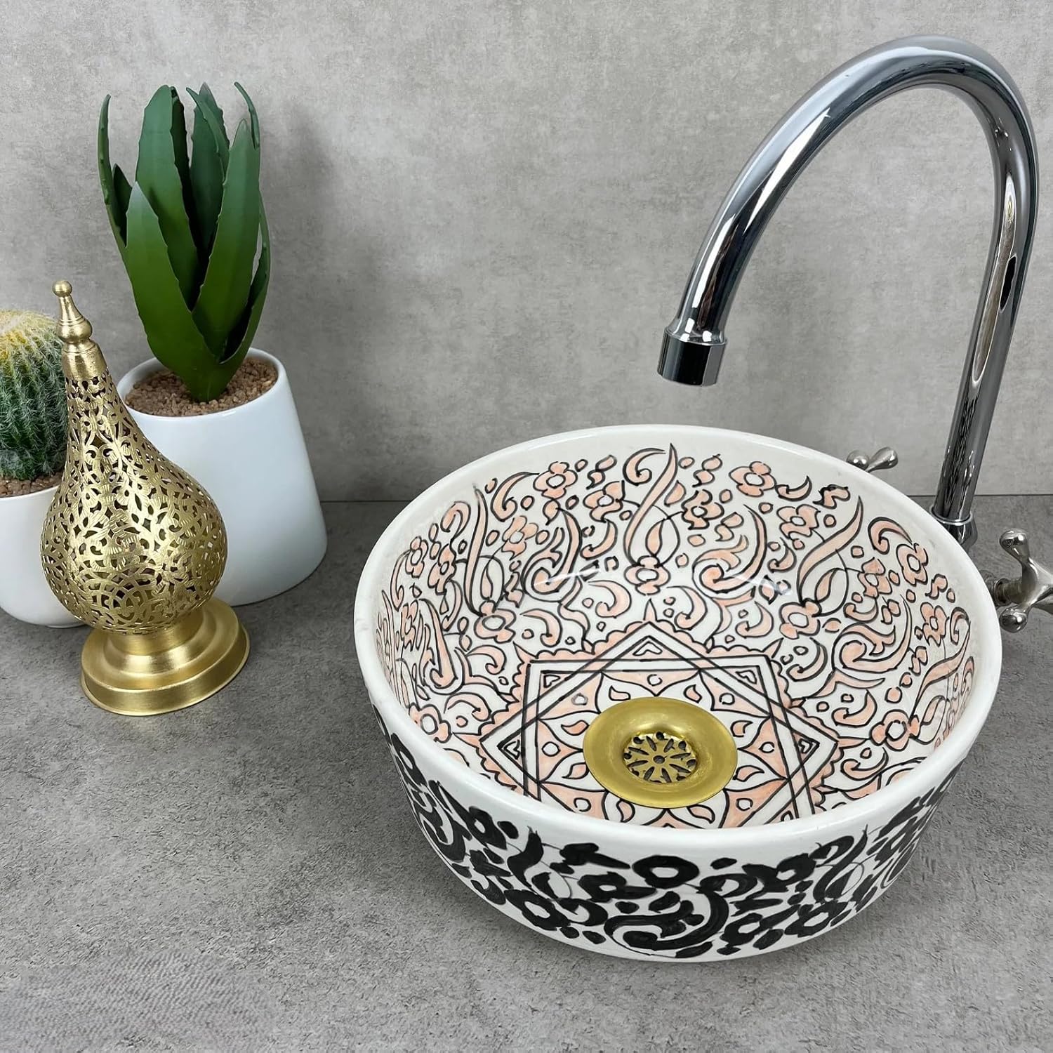 Handmade Ceramic Moroccan Basin Sink, Bathroom Hand Painted Vessel Sink, Handwash Countertop Vanity Basin, Artistic Vessel Bowl Basin (10 Inch = 25 cm | Height: 4 Inch = 10 cm, Like Pictures)