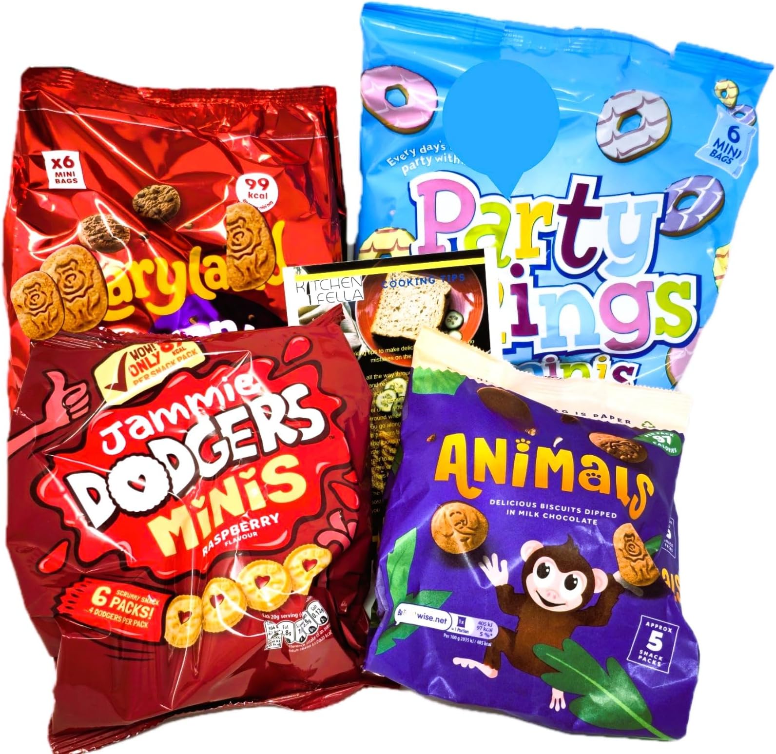 Mini Biscuits Selection Pack with Mini Party Rings, Jammie Dodgers Minis, Double Choc Cookie Minis, Animal Freddo and Kitchenfella 'Cooking Tips' postcard