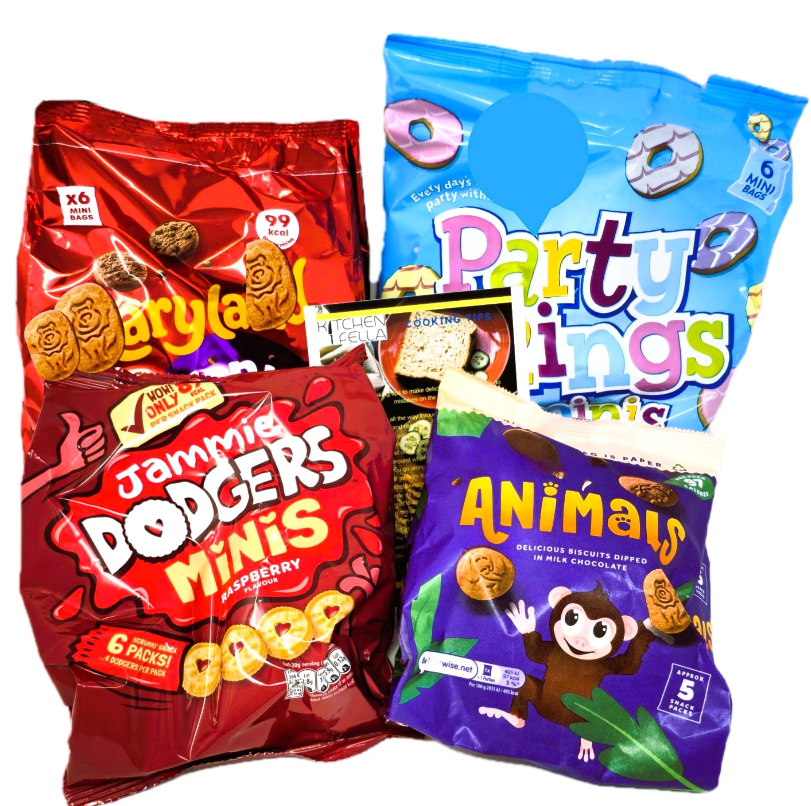 Mini Biscuits Selection Pack with Mini Party Rings, Jammie Dodgers Minis, Double Choc Cookie Minis, Animal Freddo and Kitchenfella 'Cooking Tips' postcard
