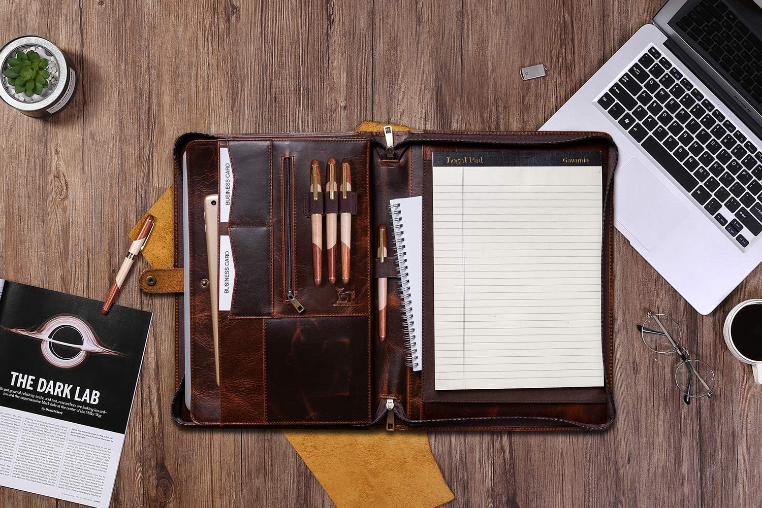 Genuine Leather Business Portfolio Padfolio Folder with Zipper for Men, Men's Leather Padfolio Folder for 13" Laptop, Business Portfolio for Letter Size Notepad, Graduation Gift，Oil Wax