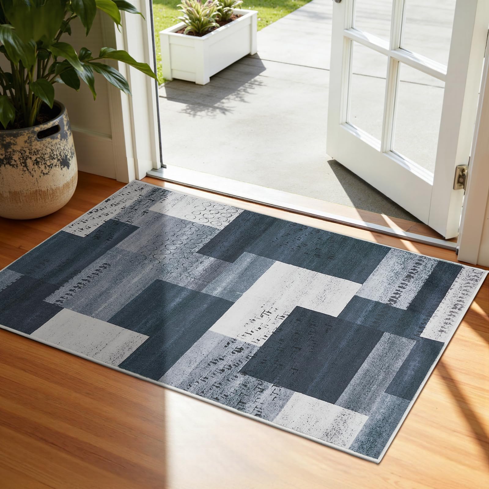 Wohnzimmerteppich 200x280 cm, waschbarer geometrischer Teppich fürs Schlafzimmer, kurzflorig, weich und rutschfest, abstrakter großer Teppich für Klassenzimmer, Esszimmer, Büro, Kinderzimmer, Blau