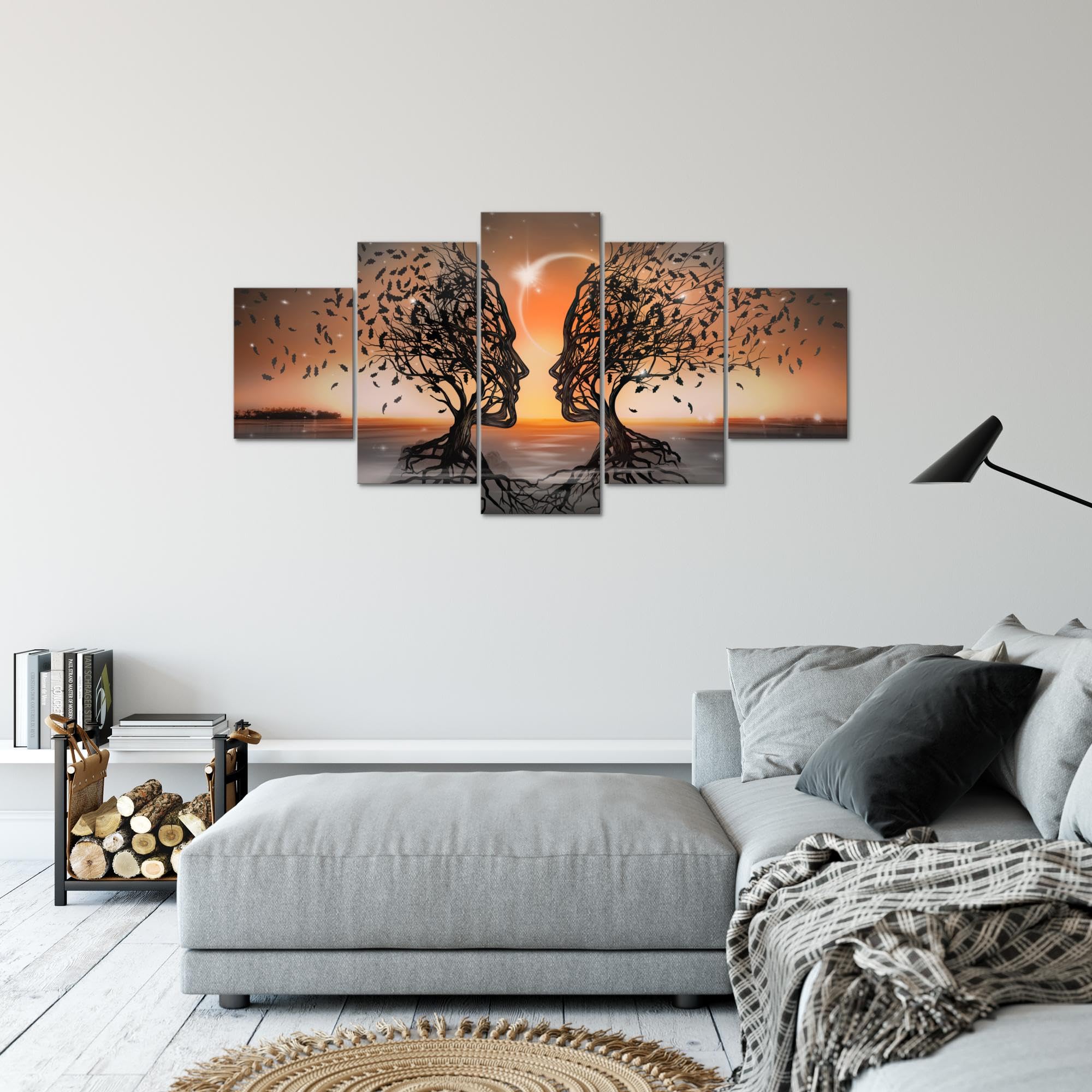 Runa Art Couple d'amoureux Tableau Murale Impression sur Toile Intissee 5 Parties Abstrait Arbre Orange Chambre Salle 044853c