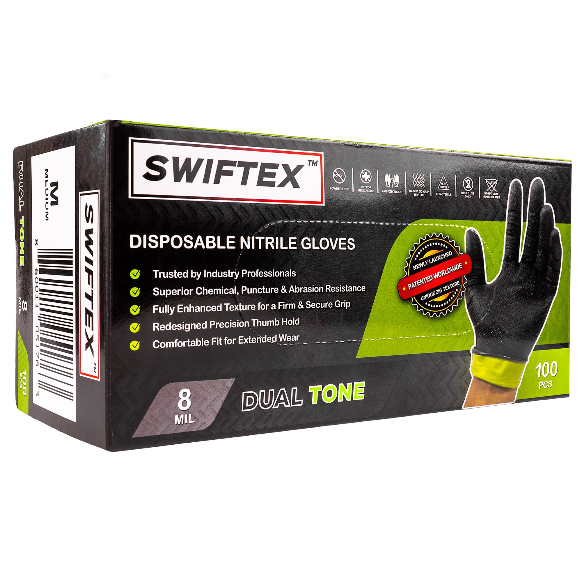 Guantes de nitrilo resistentes bicolor negro y verde ZIG texturizado, agarre seguro, sin látex, sin polvo, 8 mm, caja de 100 unidades (talla XL)
