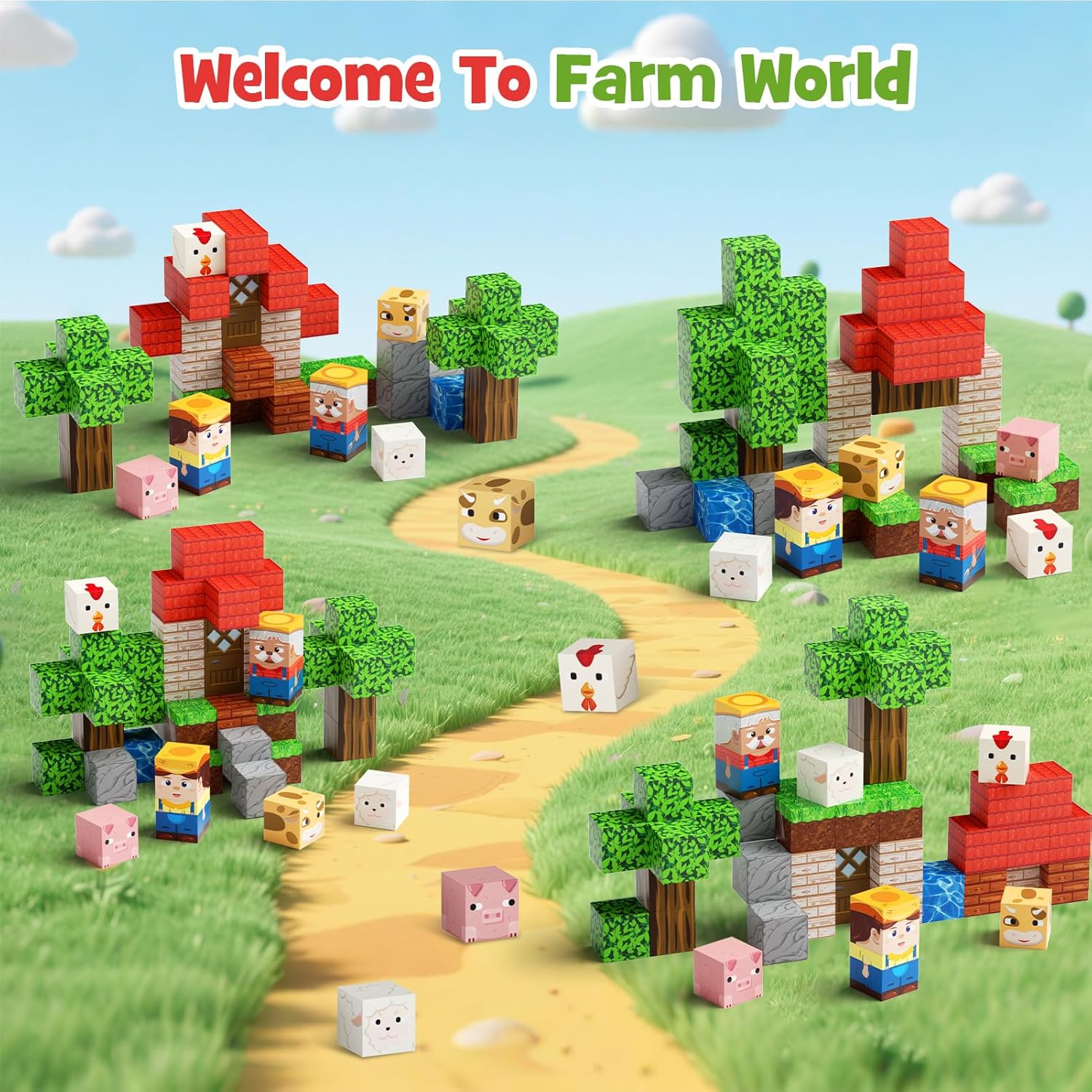 49 PCS Magnetic Building Blocks Travel Toys, Farm Animals Magnetic Tiles with Portable Iron Storage Box & Play Base, STEM Learning Toys for Kids Ages 3-5, 4-8
