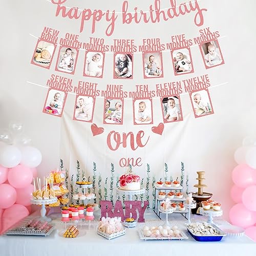 Miniatura 2 de Cartel de fotos de bebé de primer cumpleaños, 17 piezas de decoración de primer cumpleaños para niñas recién nacidas a 12 meses, pancarta de fotos