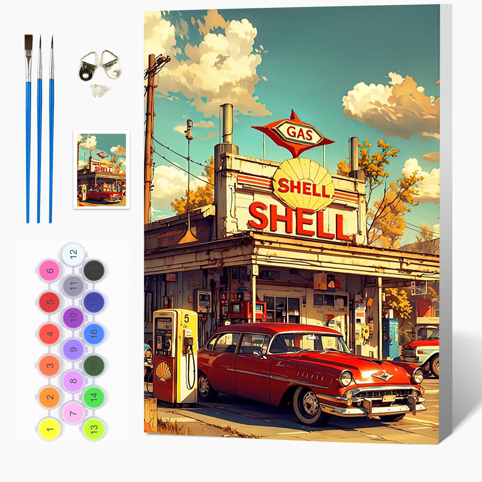 Auremi DIY Car Paint by Numbers for Adults Kids-Gas Station Canvas Oil Painting Kit for Adults,Craft Art Painting with Wooden Frame Kit Acrylic Pigment Drawing Paintwork for Gift Home 20x30cm
