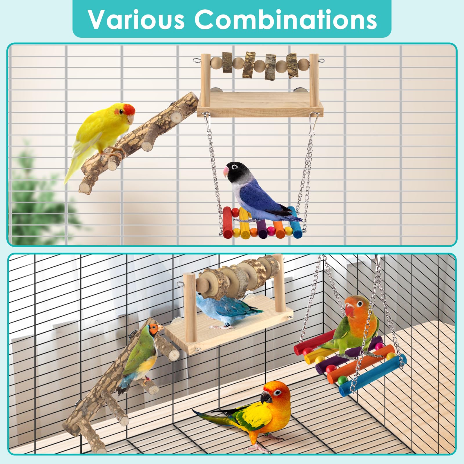 DBNESS 4 Pcs Bird Perch with Swing, Parrot Perches Platform with Chew Blocks, Natural Climbing Ladder Bridge Colorful Hammock for Budgies, Cockatiels, Lovebirds, Finches - image 5