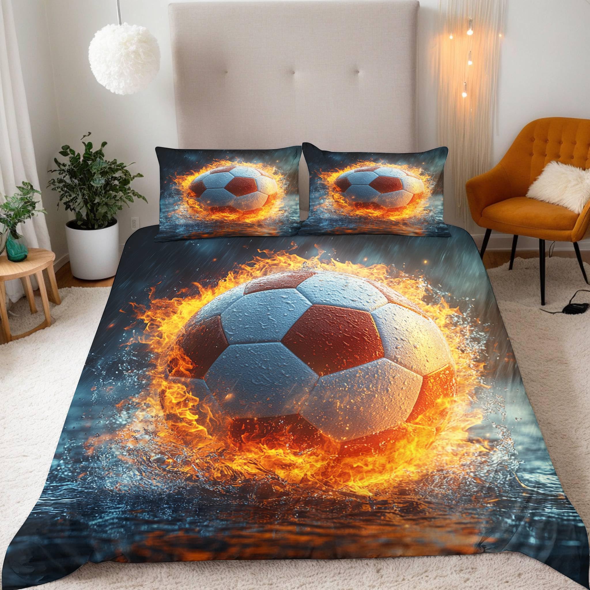 Genérico Funda Nórdica Cama 90 de 3 Piezas Microfibra Suave Transpirable 3D Fútbol Deportes Soccer Juego de Funda Nordica 135x200 + 2 Fundas Almohada 50x75 cm con Cremallera Oculta y Banda Esquina