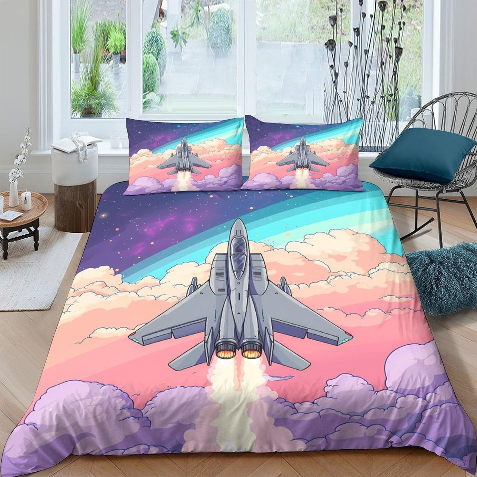 Ctjqhvkz Style-3 3D Printed Jet Fighter Fitted Sheet Microfiber Soft Breathable Sunset Cloud Mattress Cover For Bedroom Decor Dorm Room Single（135X200cm）
