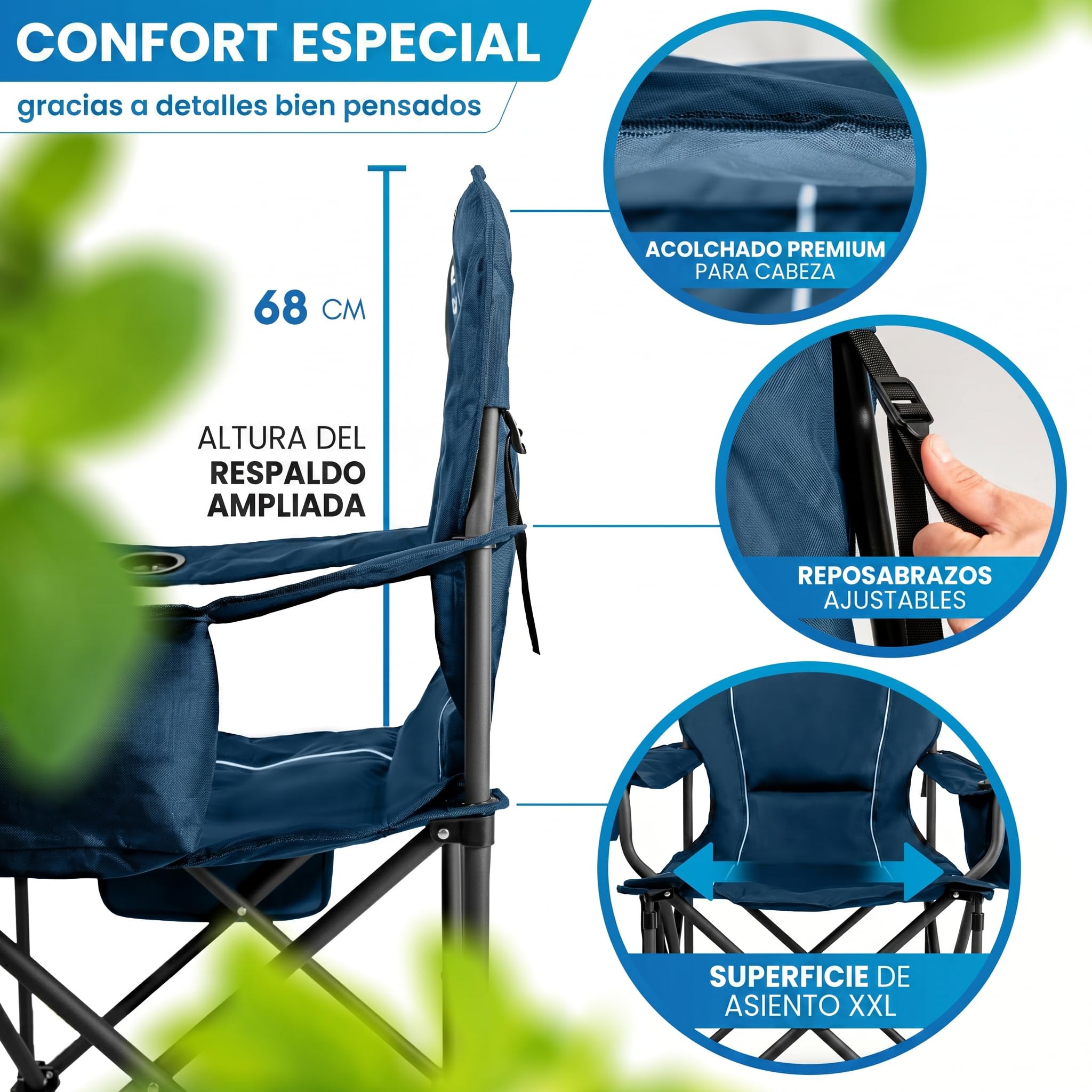 NORDMUT® Silla de Camping Plegable Ligera – Resistente con Capacidad de 200 kg – Cómoda Silla de Pesca con Bolsa térmica práctica y portavasos (Azul 1x)