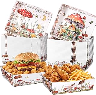Uiifan 36 Pcs Mushroom Party Supplies 5 lbs Forest Mushroom Nacho Boats Large Paper Serving Trays for Burger Fries Hot Dog Taco BBQ Picnic Cottagecore Party Decor Enchanted Woodland Decorations