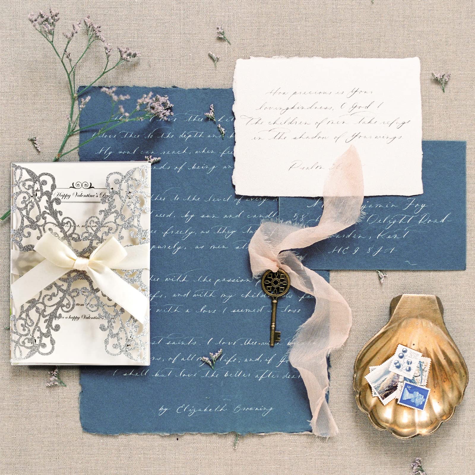 KALOPEZY 50PCS Wedding Invitation,Silver invitations,Silver Powder Floral Laser Cut with Blank Inner Sheet, Envelopes and Ribbons for Party Wedding Engagement Bridal Bridal Shower Invite