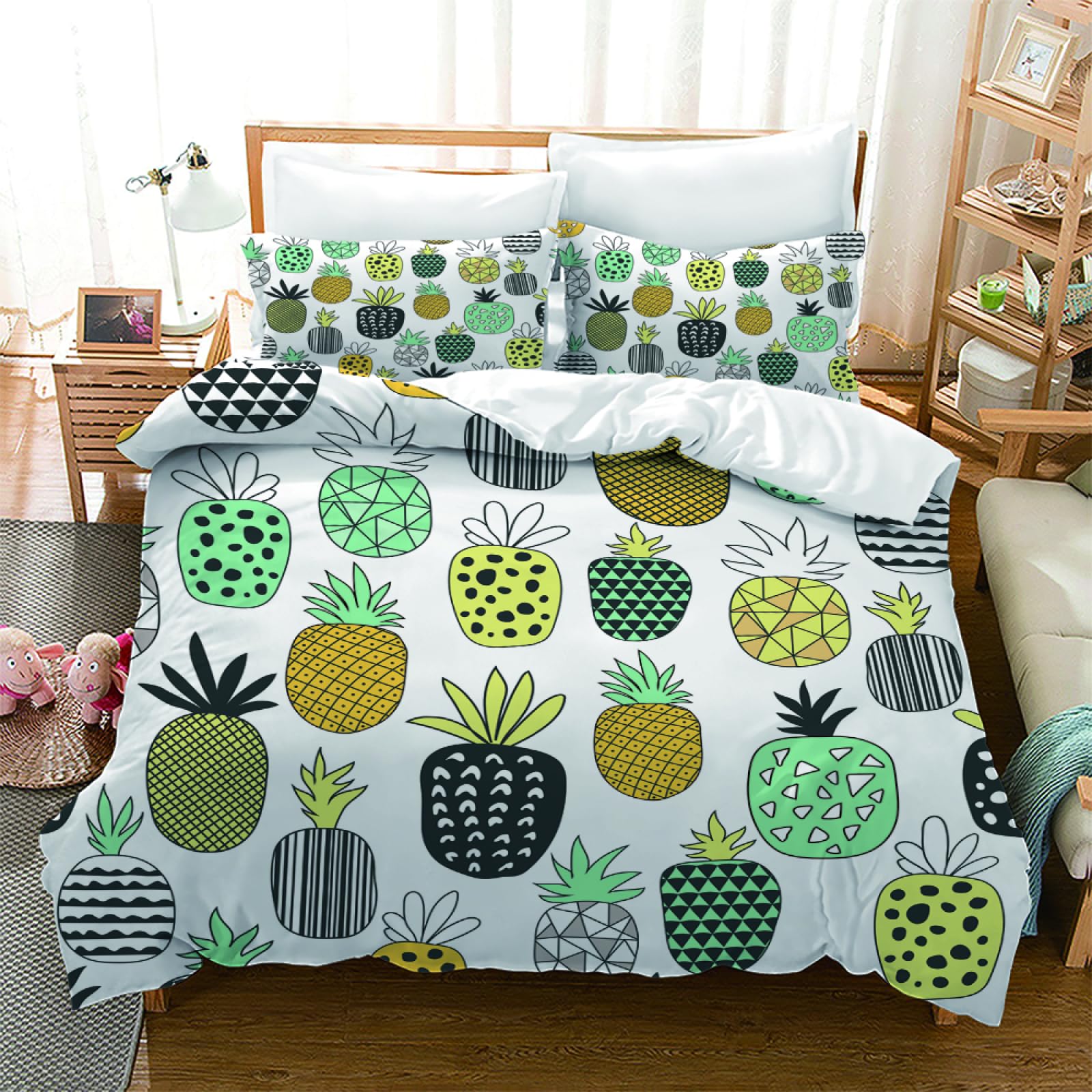 CHCHNXY Pineapple Bedding Double Bed Set Soft Microfibre Duvet Cover Set With Zipper Closure,Lightweight Quilt Covers 78"X78"+2 Pillowcases 19"X29"For Kids Adults Bedroom Decor
