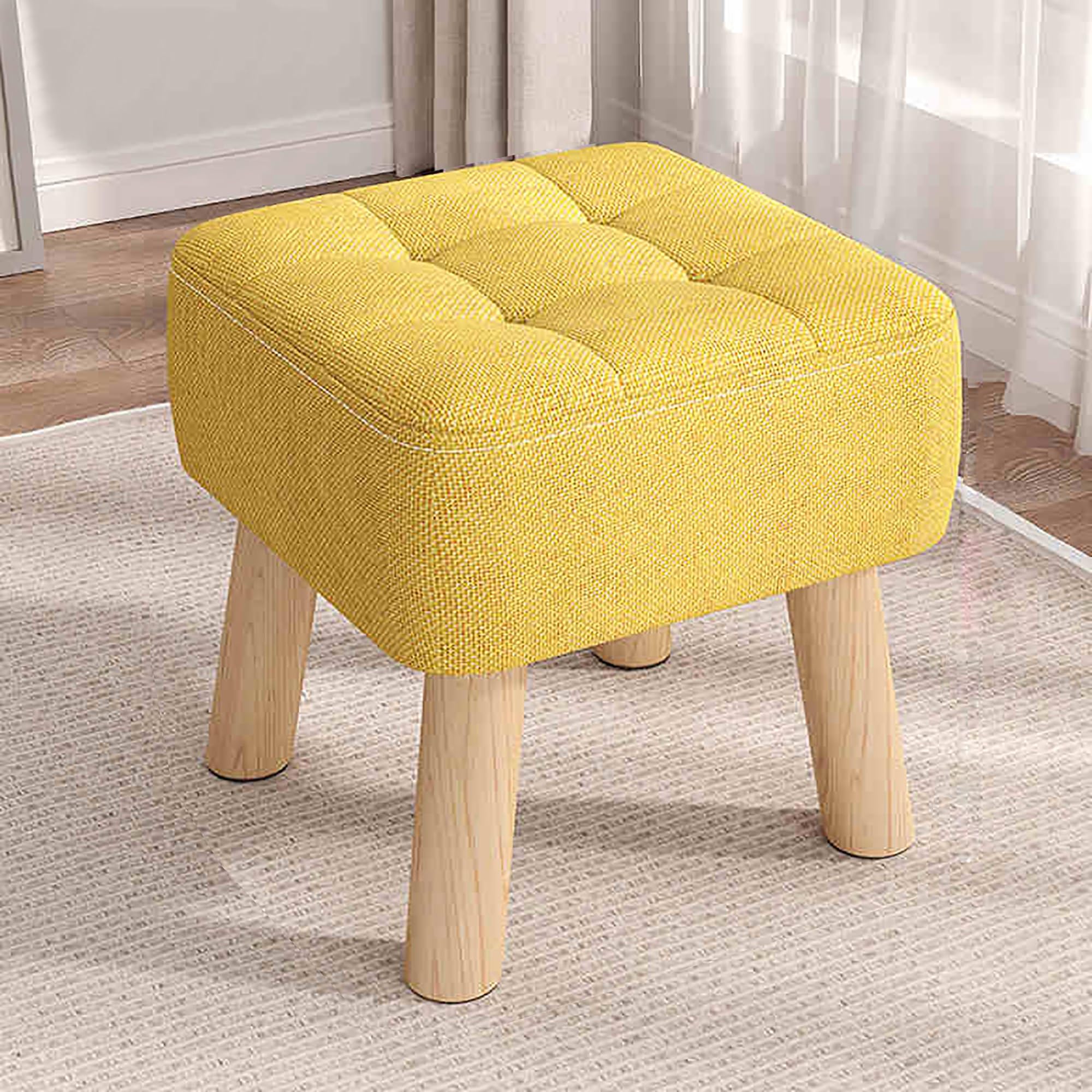 LWJSOCP Multi-Functional Ottoman with Footrest Yellow Leather Pouf for Shoe Changing Coffee Table Makeup Vanity Small Padded Stool 30x30x34cm