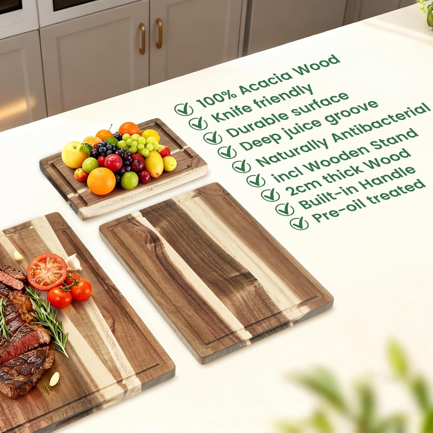 Natural Acacia Wood Cutting Board Set of 3 with Storage Stand, Heavy Duty Thick Chopping Boards for Kitchen, Deep Juice Groove & Serving Handles, Pre-Oiled Reversible Meat & Cheese Board (S/M/L)