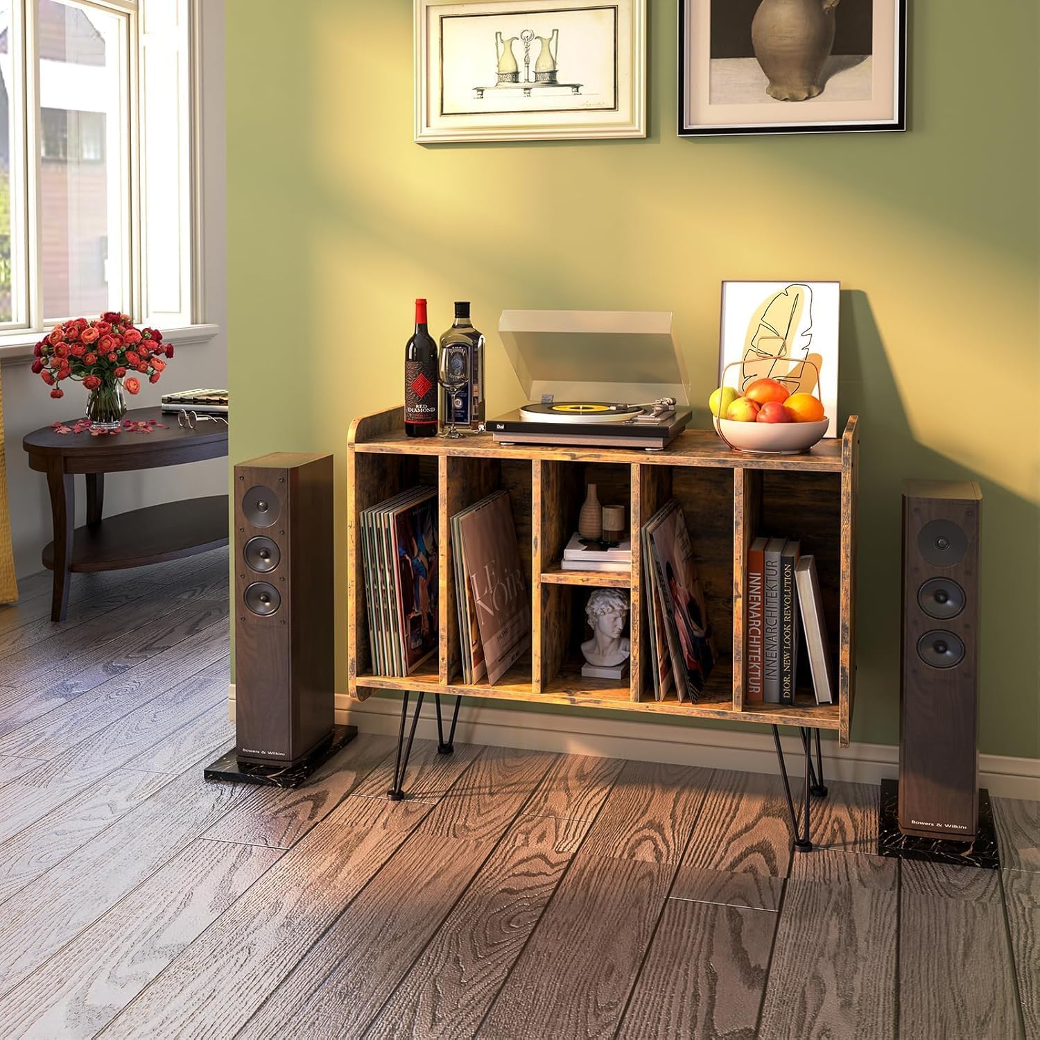 Plattenspielerständer Mit Aufbewahrung, Plattenspieler Regal, Plattenspielertisch, Schallplatten Aufbewahrung Mit Plattenspieler, Schallplattenständer für bis zu 300 Alben, Beistelltisch, Braun