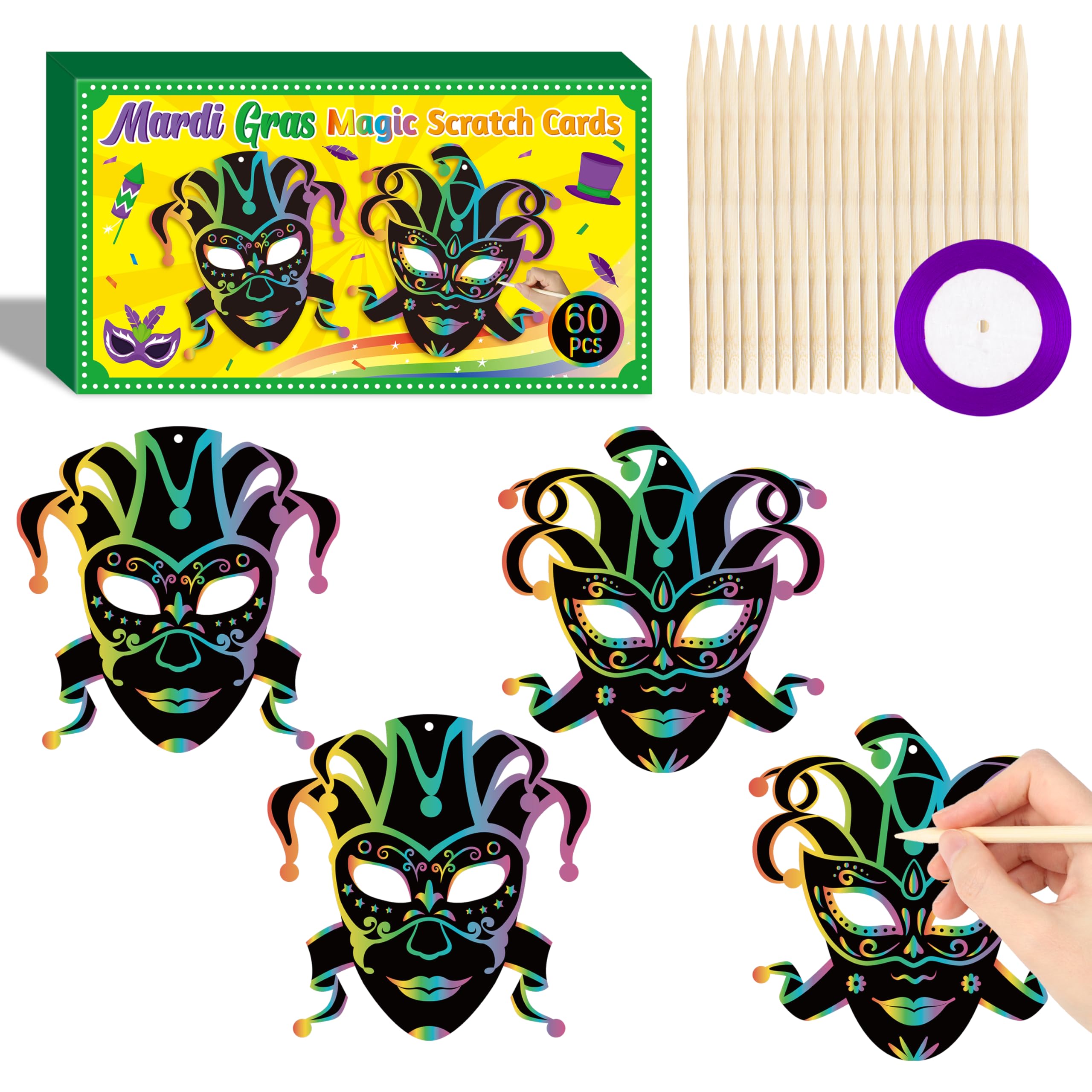 WATINC Mardi Gras Scratch Cards - 60pcs Carnival Prom Art Craft Kit for Kids, Masquerade Party DIY Magic Color Scratch Paper Card, Scratchboard Off Cards for Mardi Gras Party Decoration Supplies